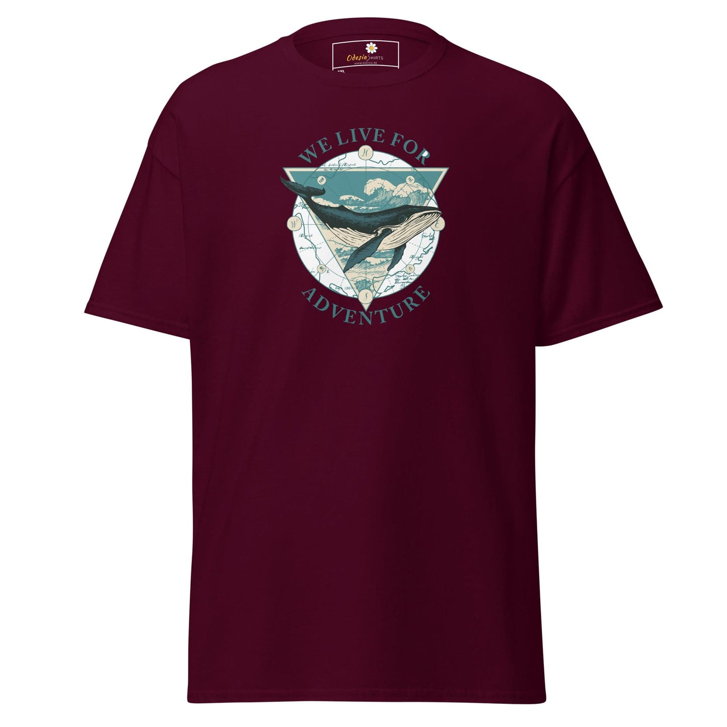 Maroon T-shirt with whale graphic from T-Shirt Design Tee for Men and Women in sizes 2XL to 5XL