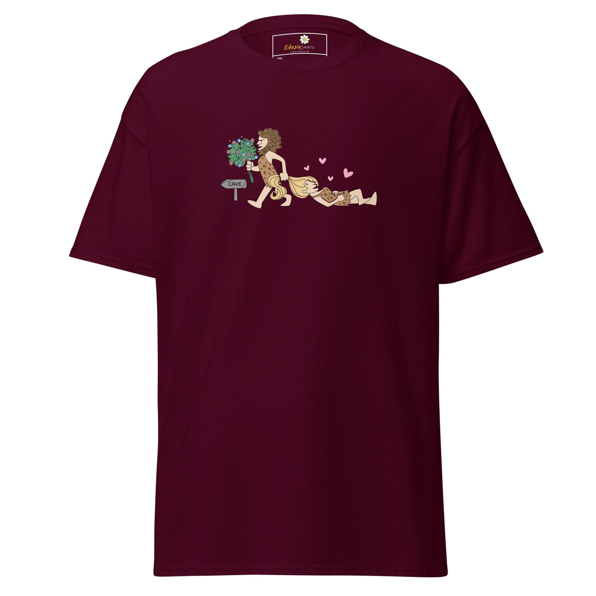Maroon T-shirt with caveman graphic in men’s and women’s 2XL to 5XL size range