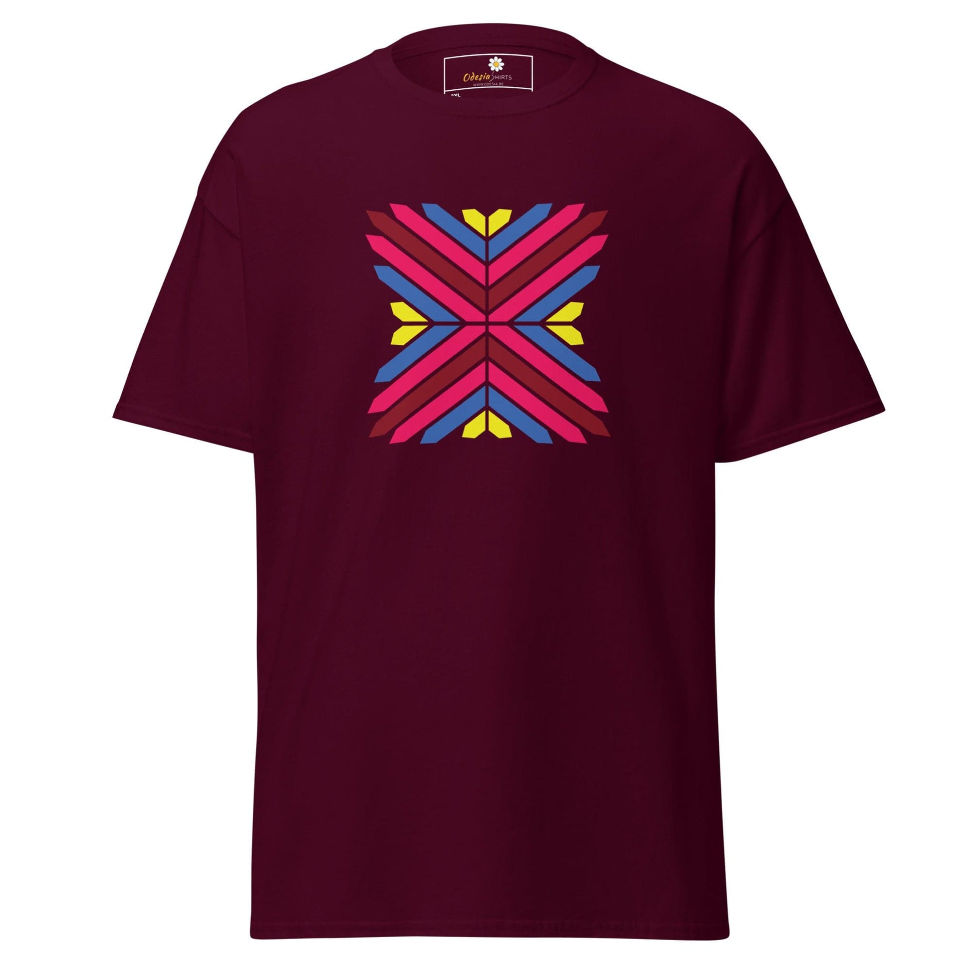Maroon T-shirt with colorful geometric design for Men and Women in 2XL to 5XL sizes