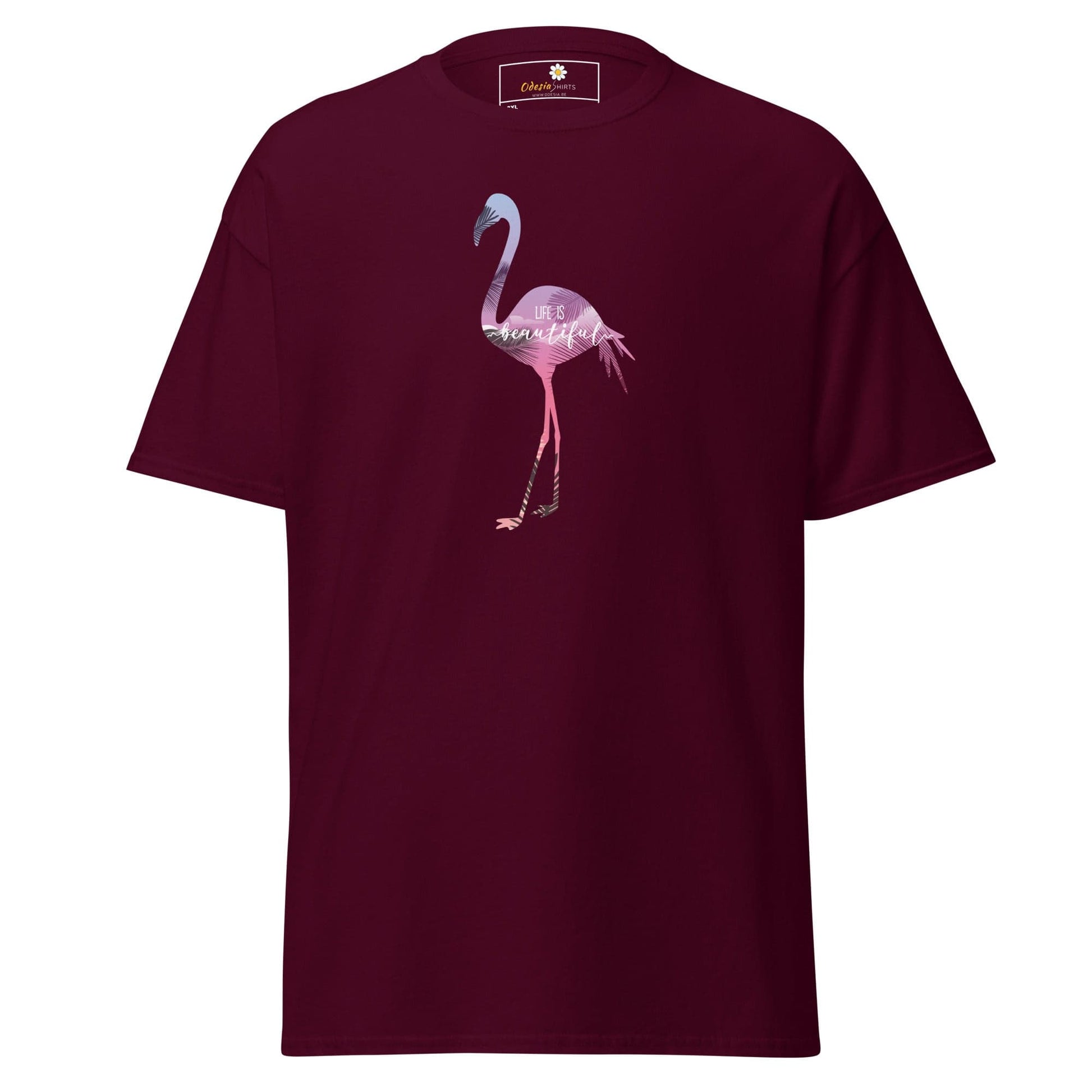 Maroon T-shirt with flamingo graphic for men and women in sizes 2XL to 5XL