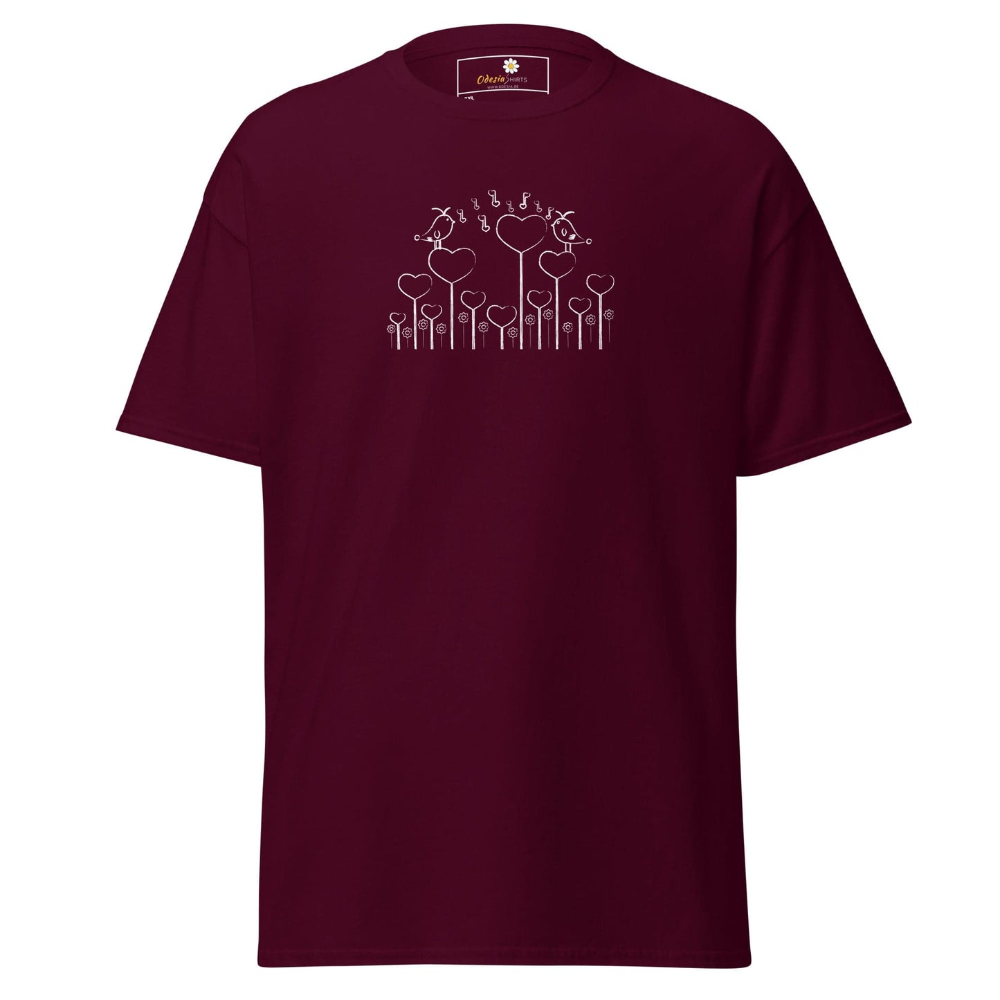 Maroon T-shirt with heart and bird design for men and women, available in 2XL to 5XL