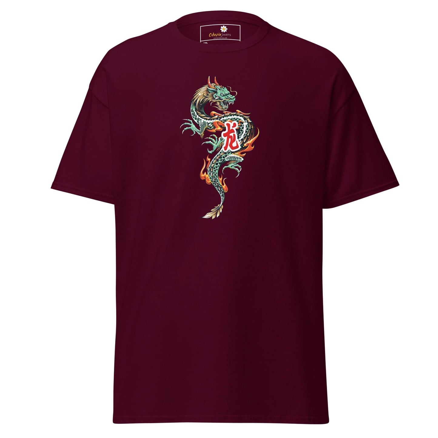Maroon t-shirt with dragon design.