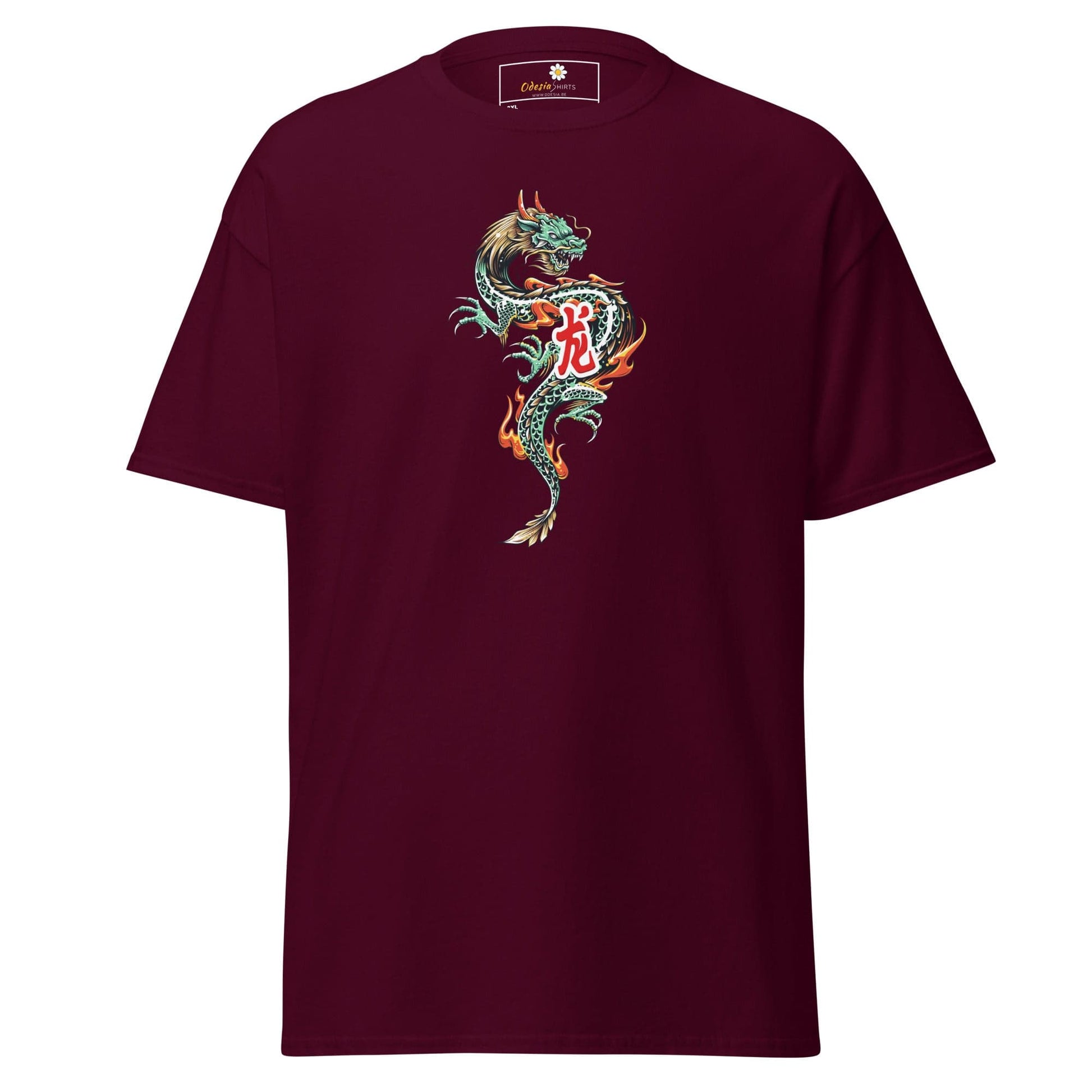 Maroon t-shirt with dragon design.