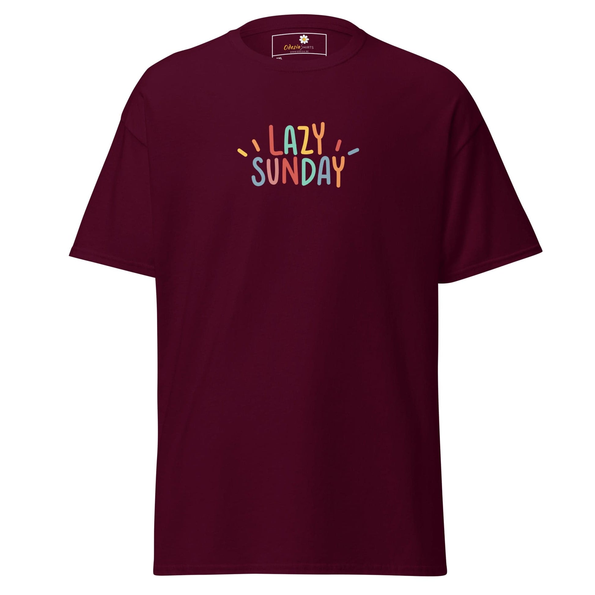 Maroon t-shirt with ’Lazy Sunday’ text.
