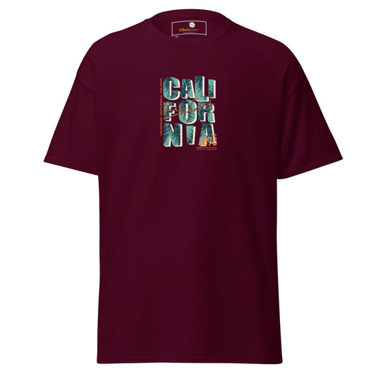 Maroon t-shirt with ’California’ graphic.