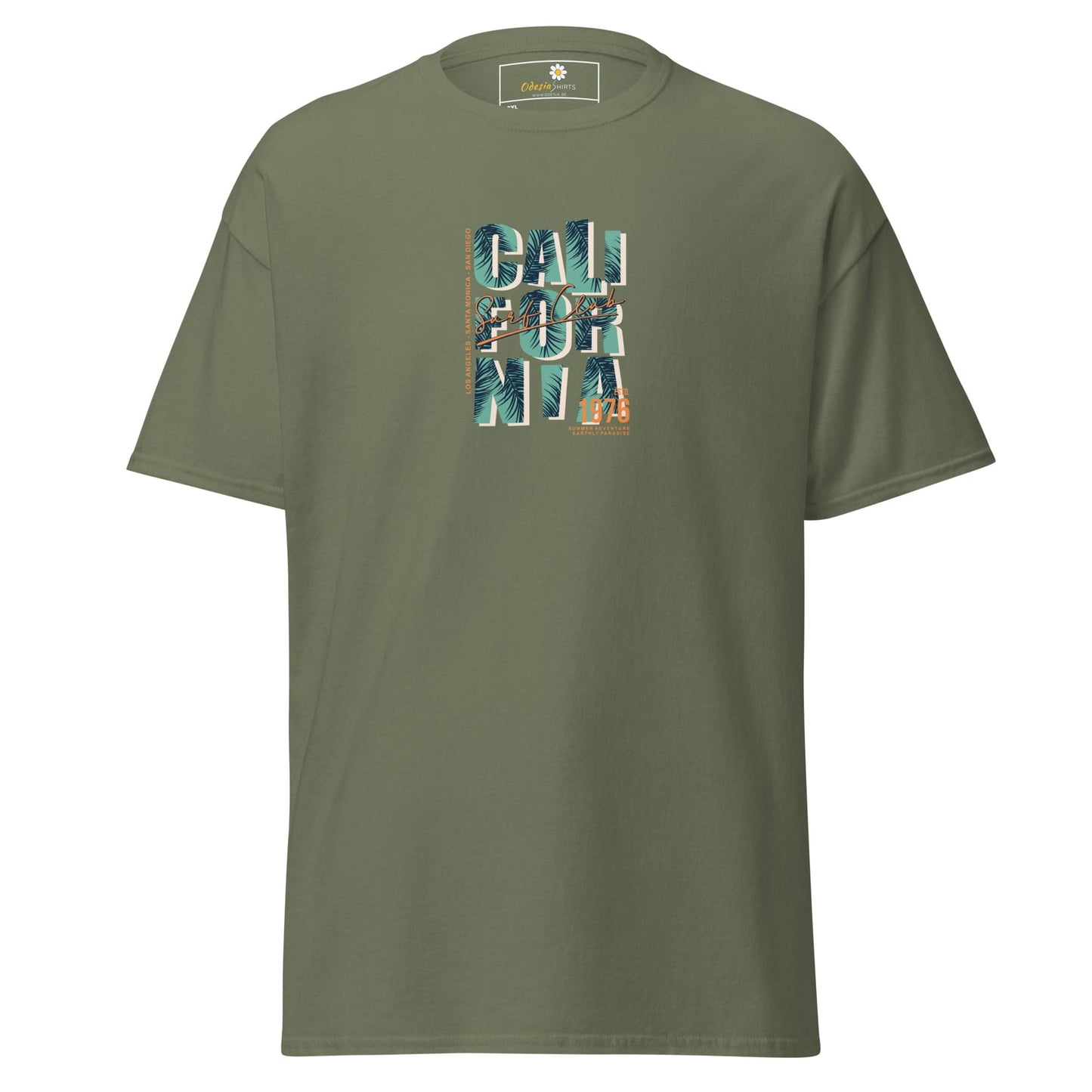 Olive green t-shirt with ’California’ graphic.
