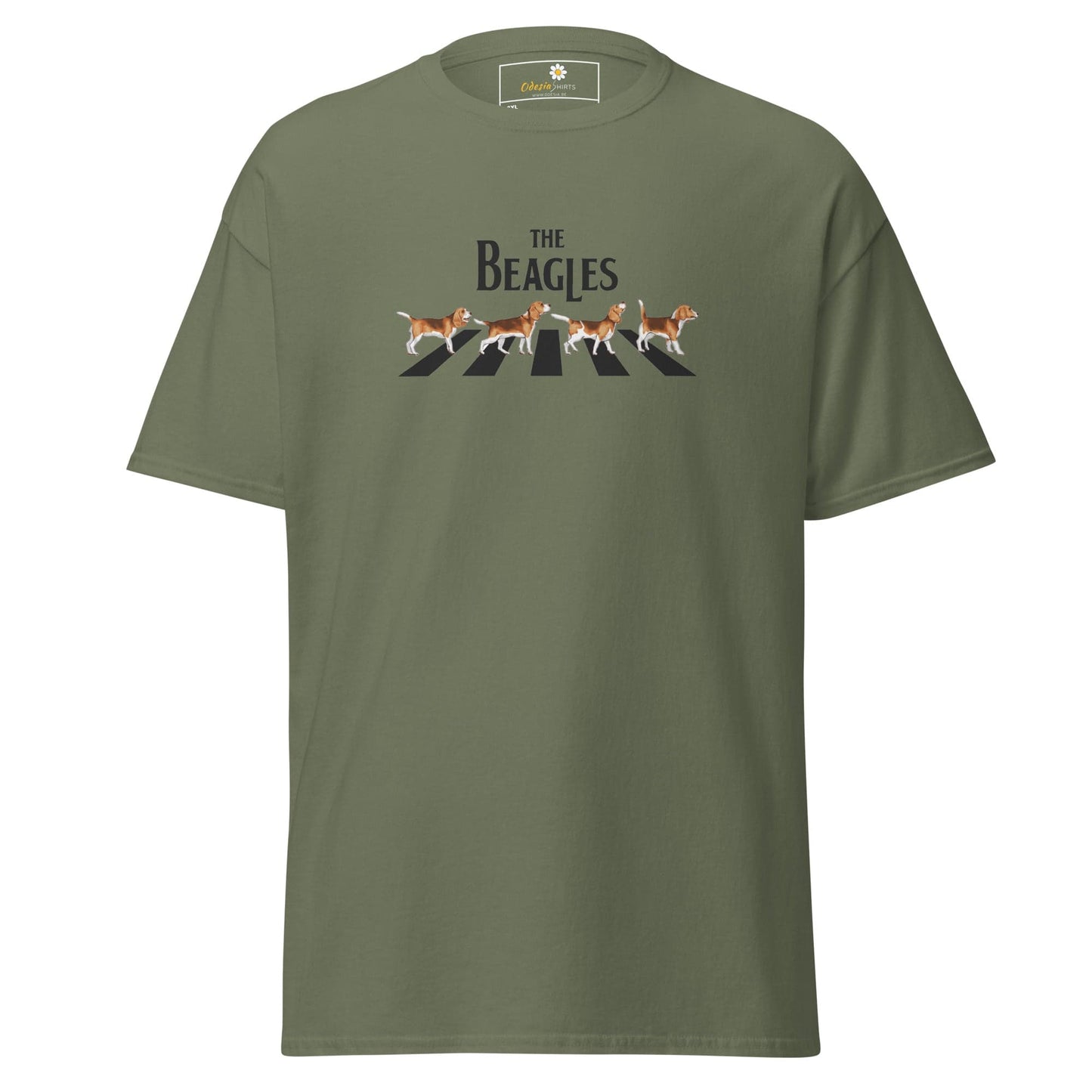 Olive green t-shirt with ’The Beagles’ graphic.