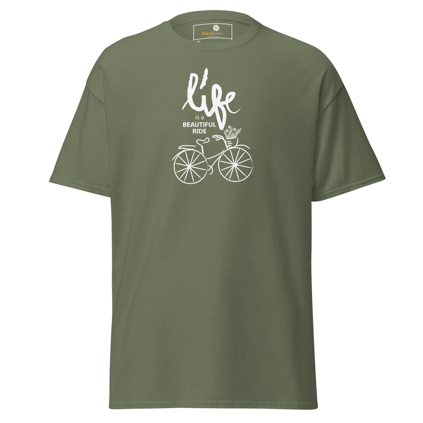 Olive green T-shirt featuring bicycle graphic for men and women in 2XL to 5XL sizes