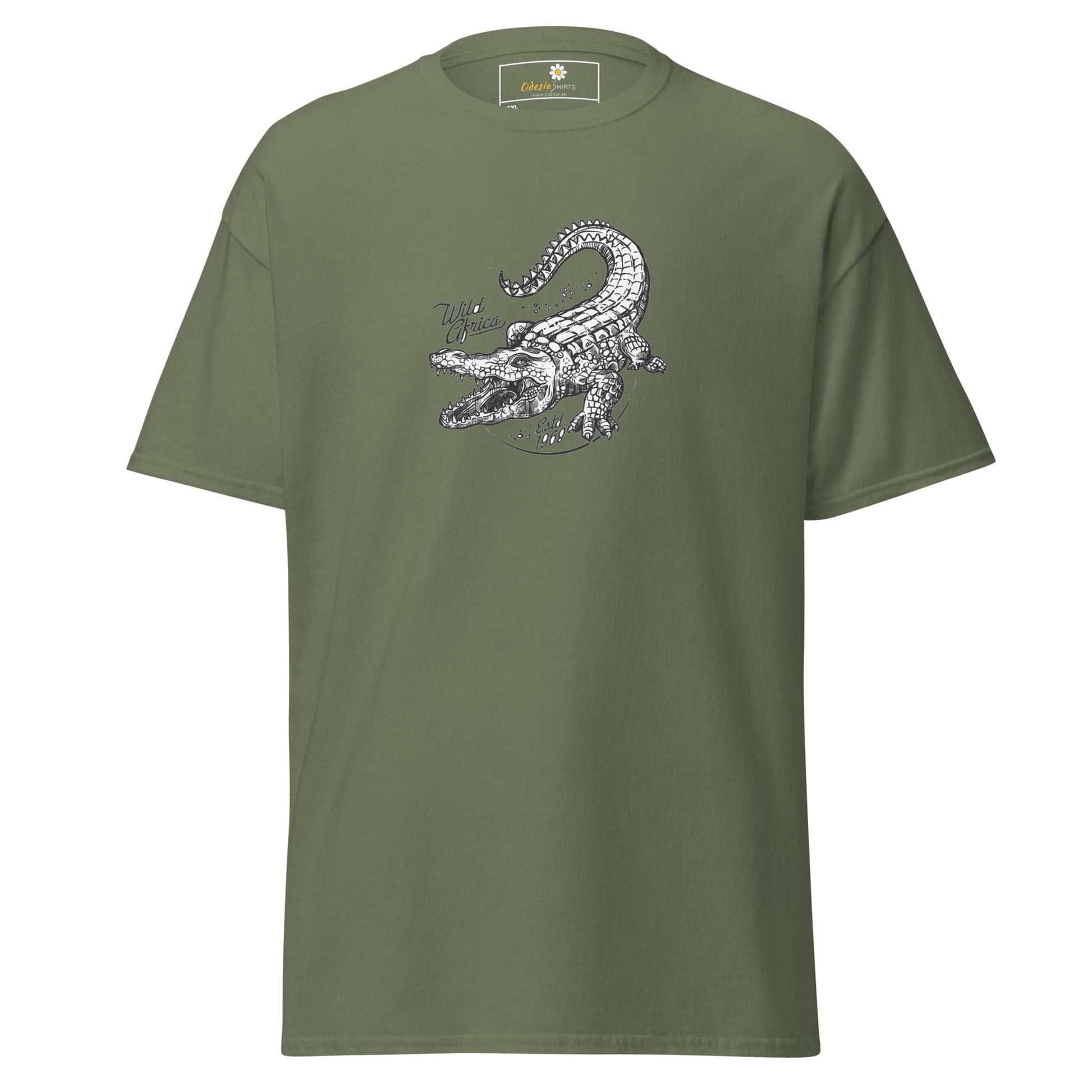 Olive green t-shirt with crocodile graphic.