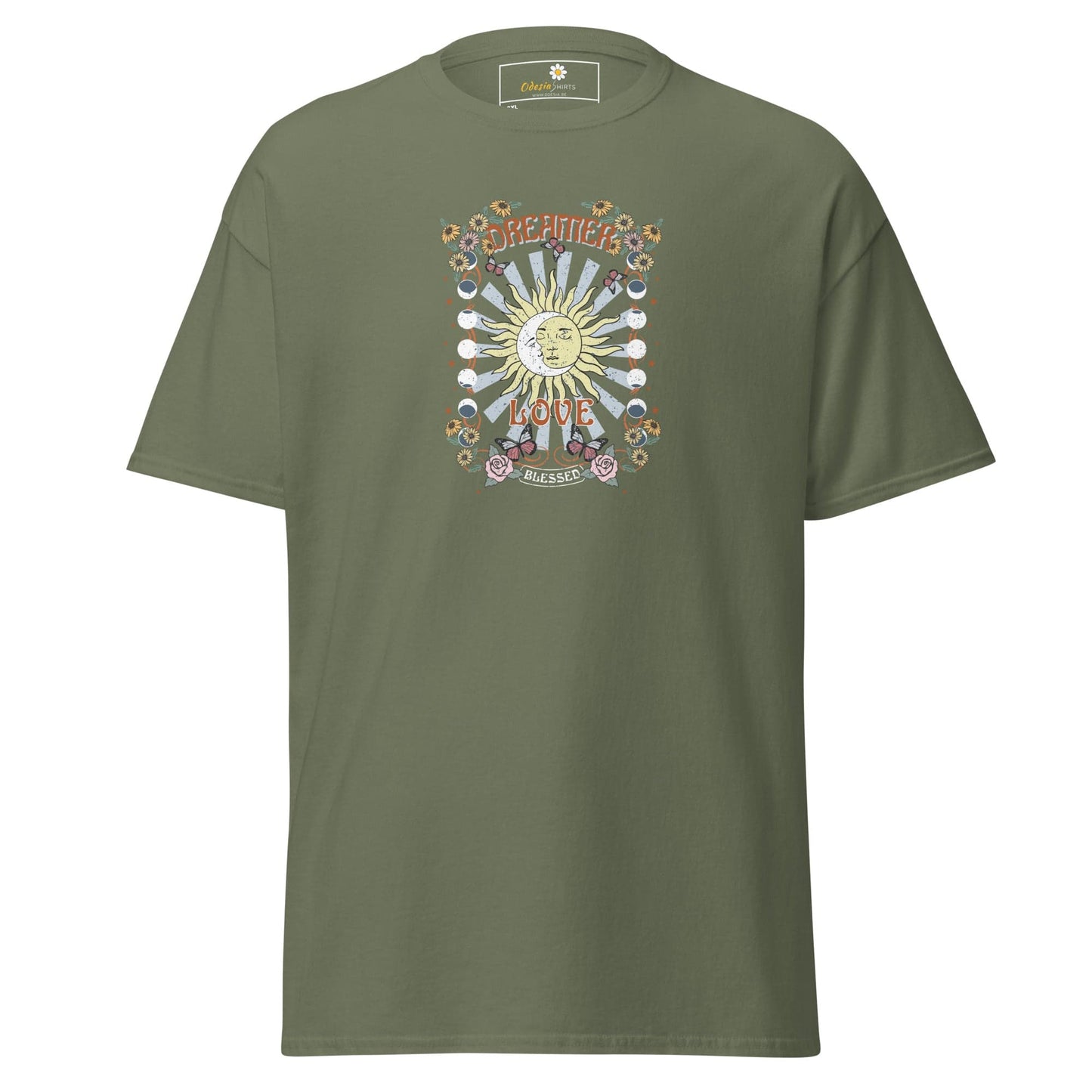 Olive green t-shirt with sun graphic.