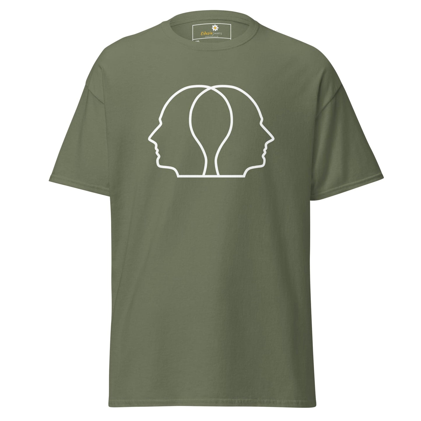 Olive green T-shirt with white face outline design for men and women in 2XL to 5XL sizes