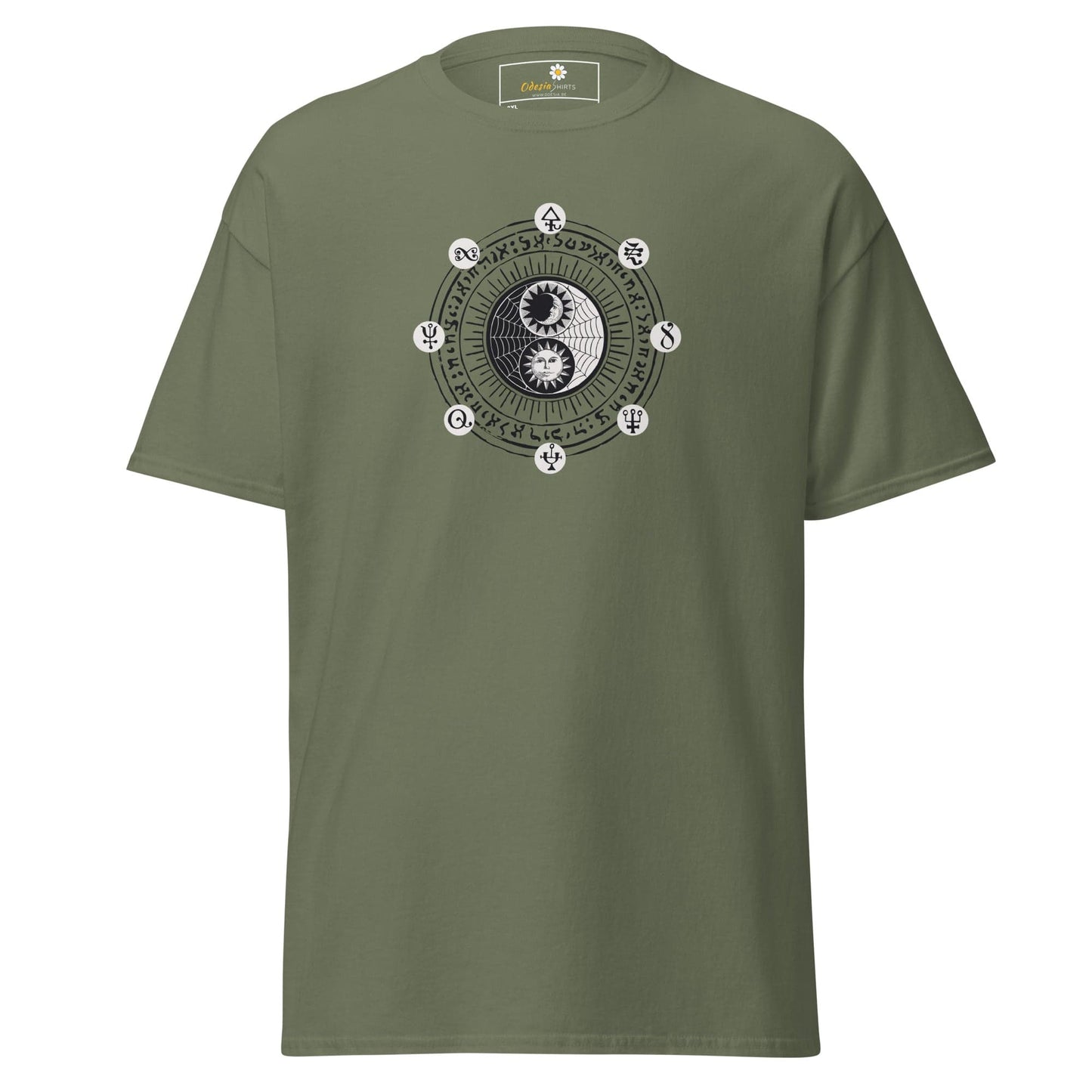 Olive green t-shirt with yin-yang design.