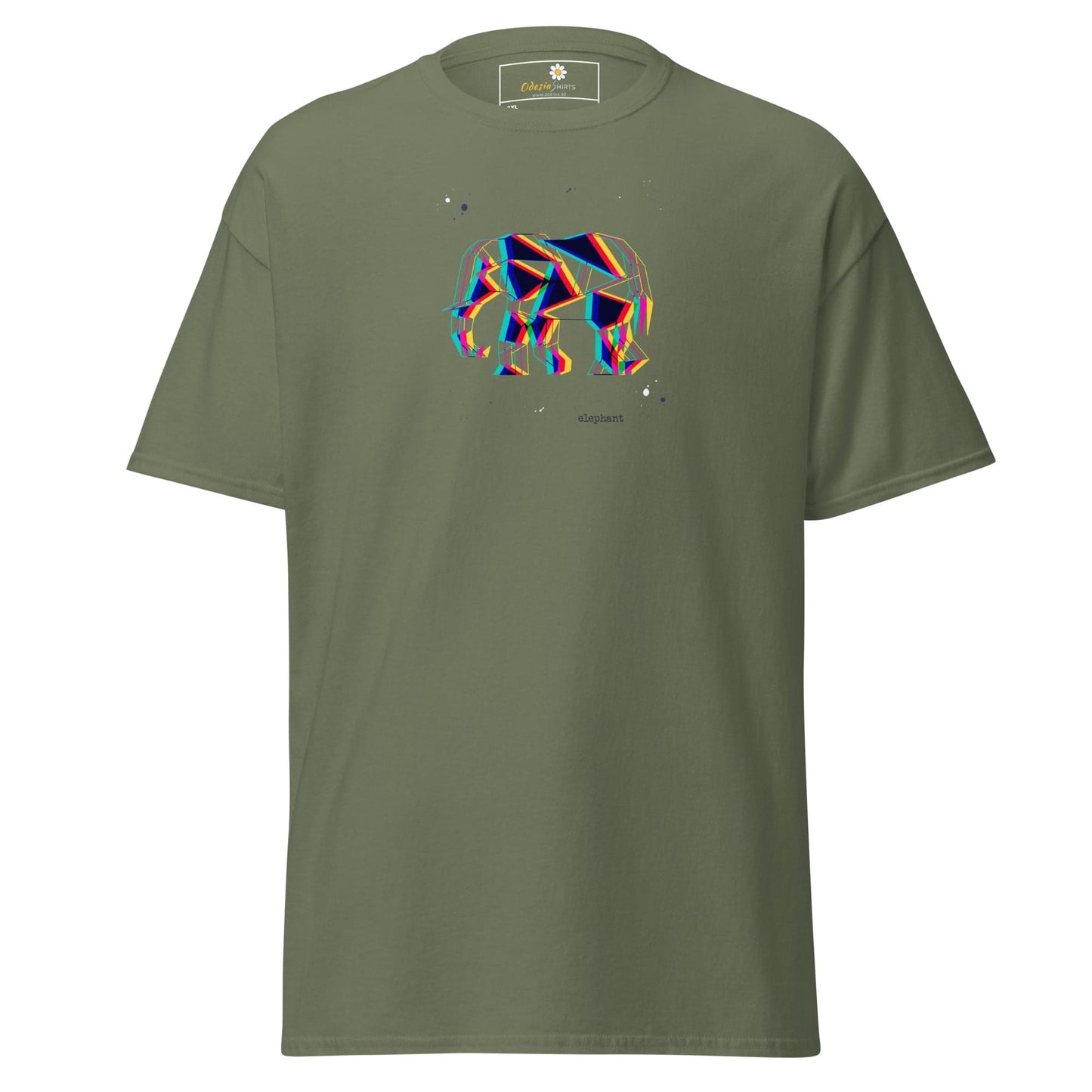 Olive green t-shirt with geometric elephant design.