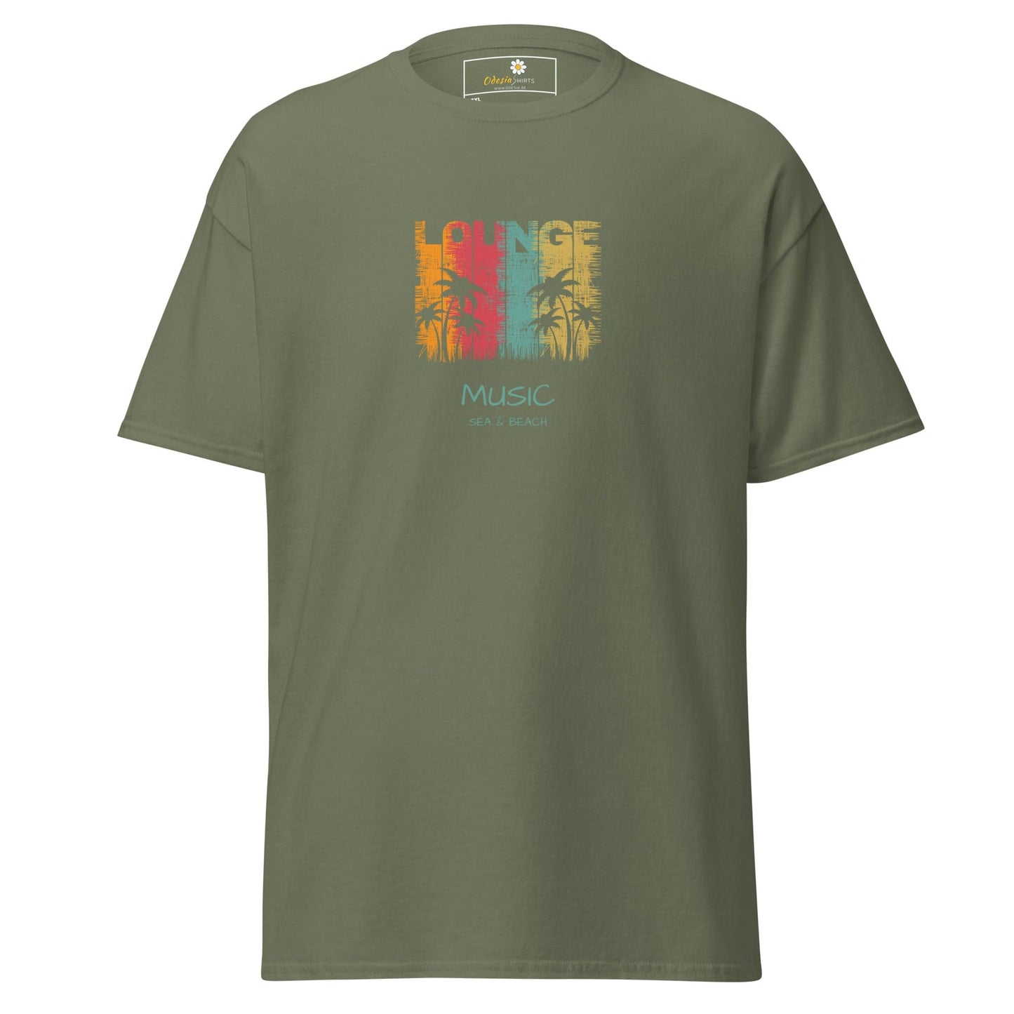 Olive green T-shirt with colorful palm tree design for men and women in 2XL to 5XL sizes