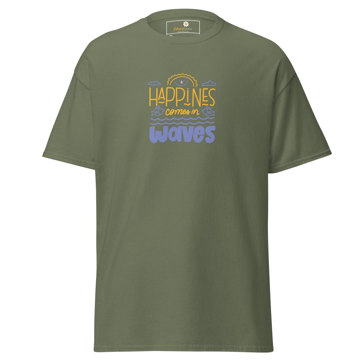 Olive green T-shirt with Happiness comes in waves design for men and women sizes 2XL to 5XL