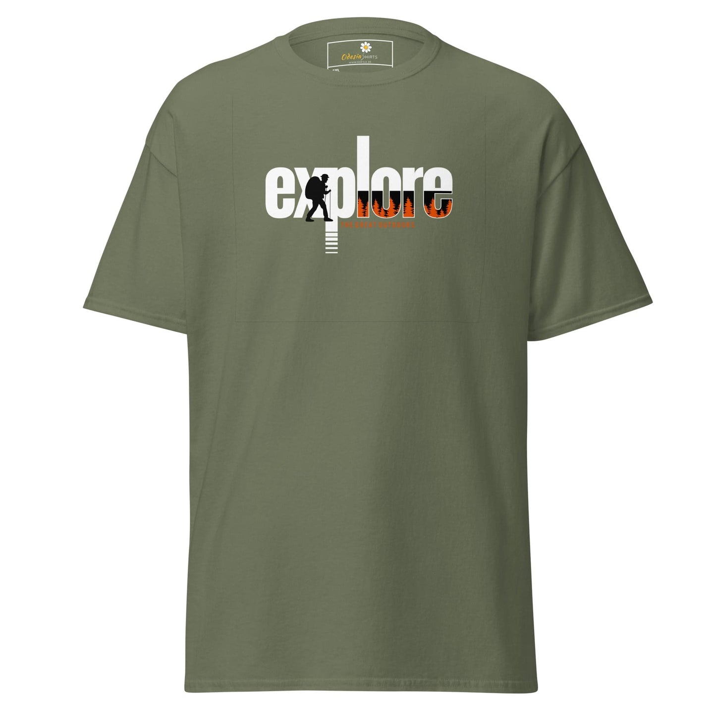 Olive green t-shirt with ’explore’ graphic.