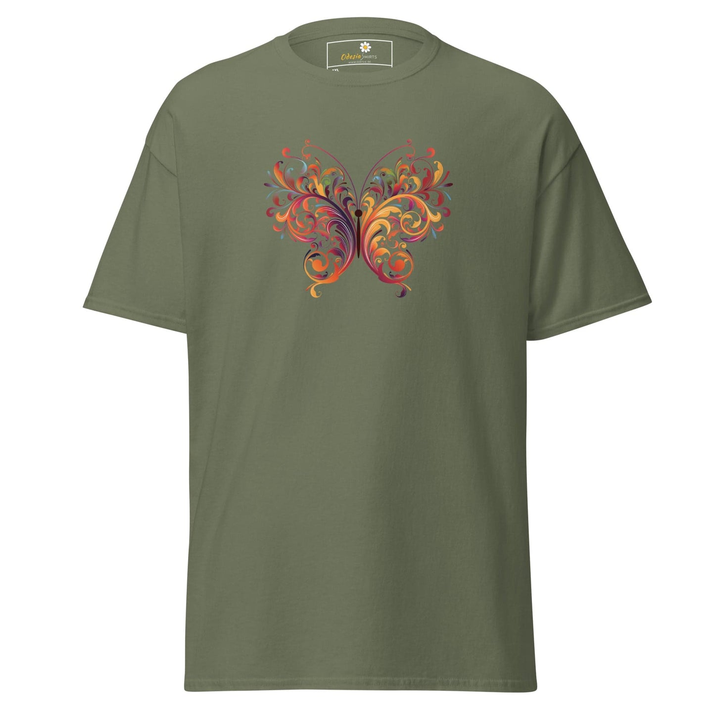 Olive green T-shirt with butterfly design for men and women in size 2XL to 5XL