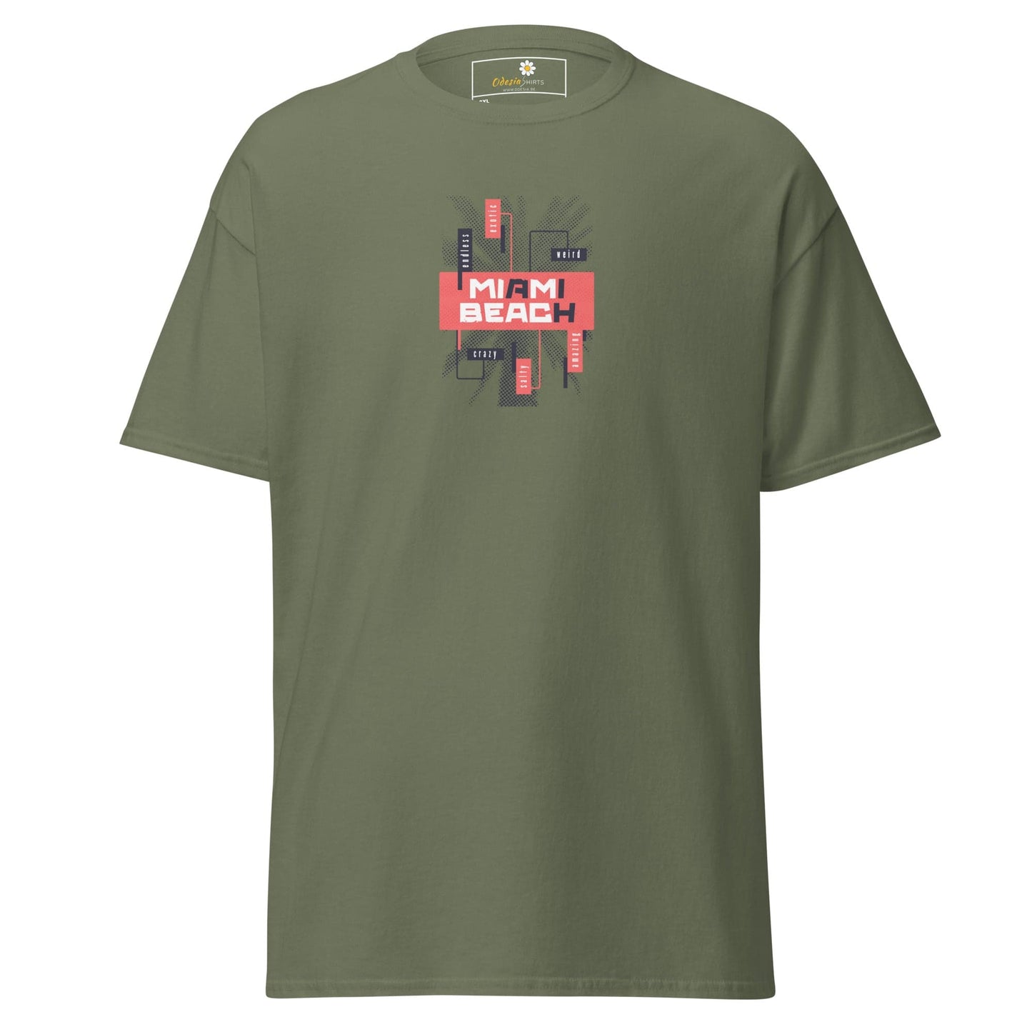 Olive green T-shirt with Miami Beach graphic displayed in T-SHIRT DESIGN TEE for men and women