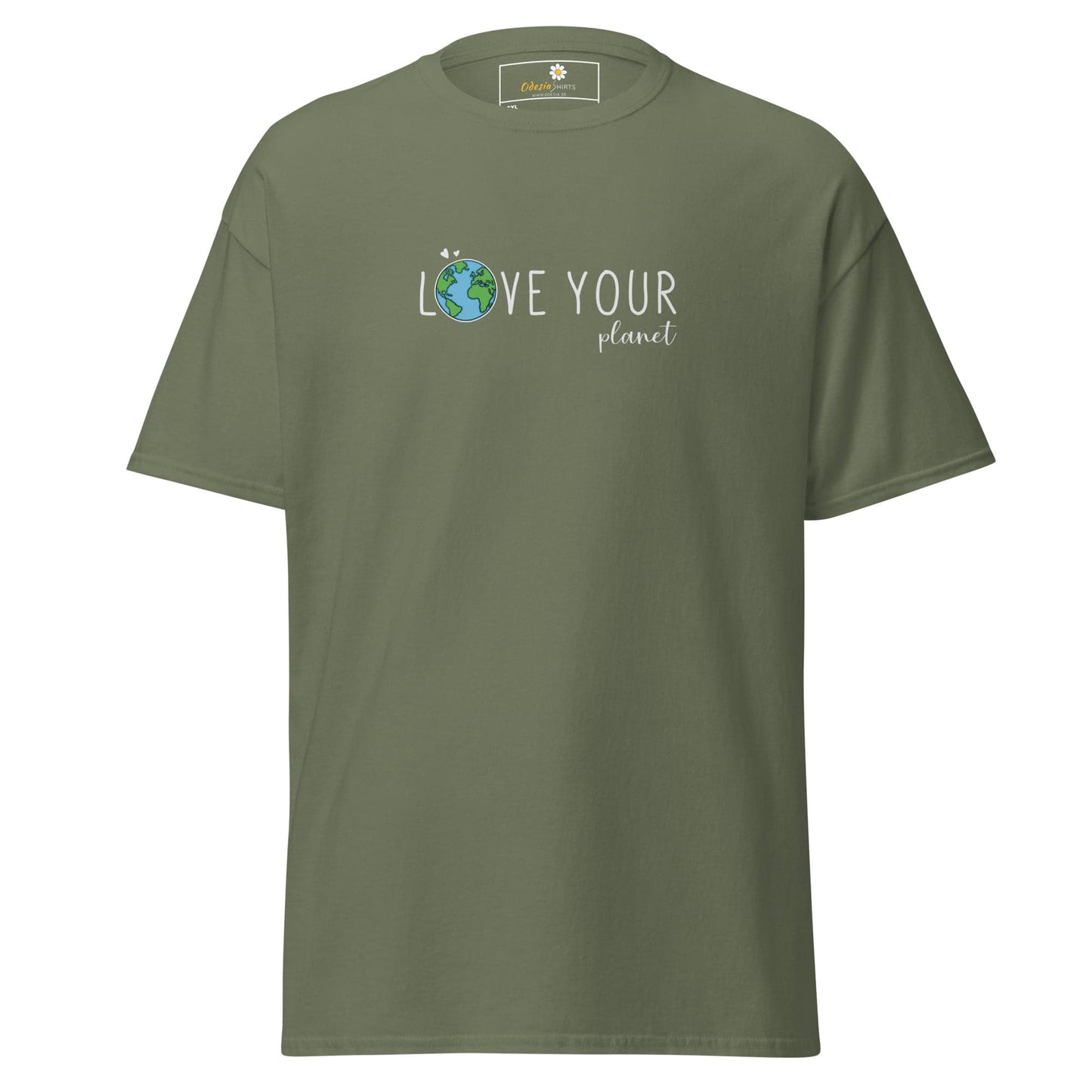 Olive green t-shirt with ’Love Your Planet’ design.