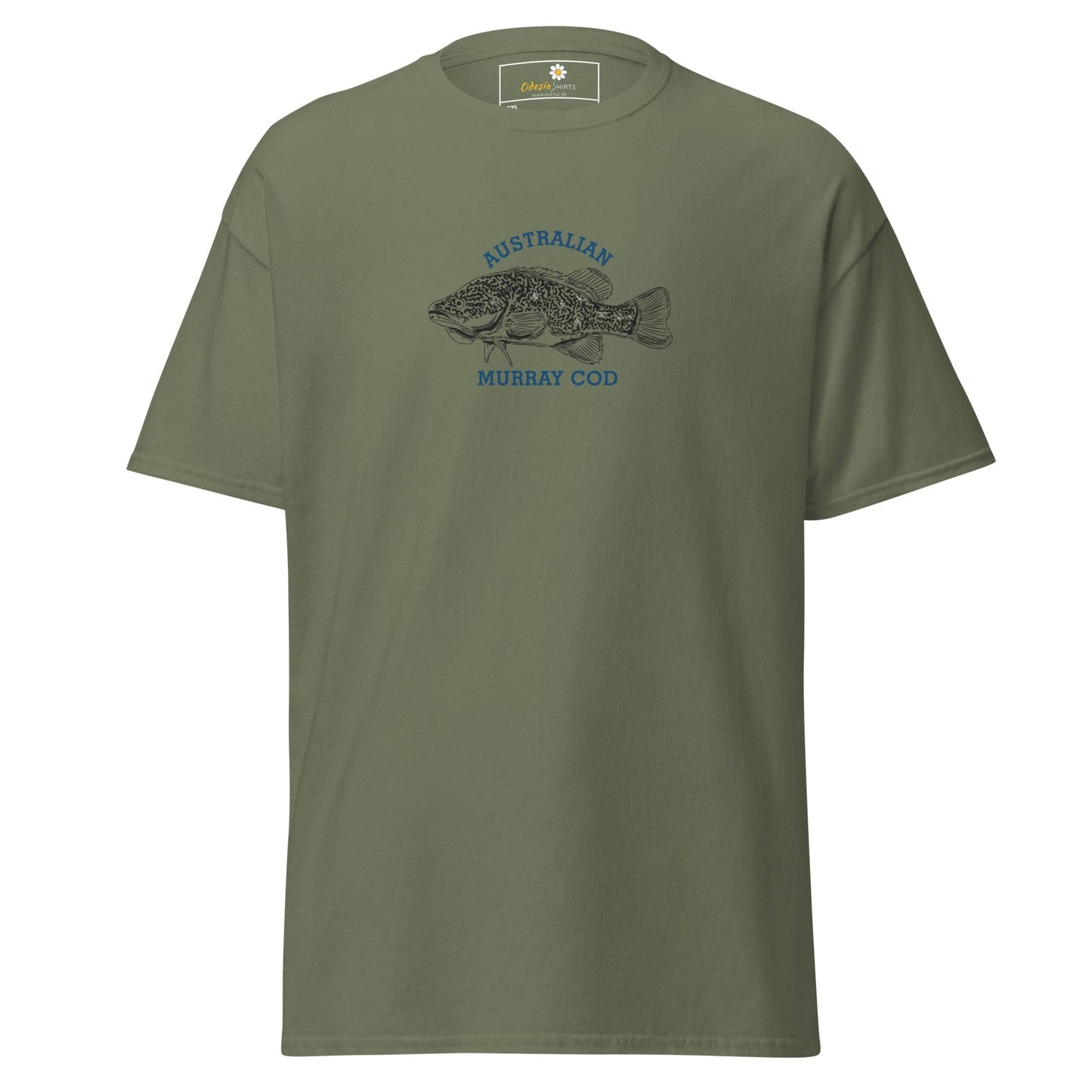 Olive green T-shirt with fish graphic available in men’s and women’s sizes 2XL to 5XL