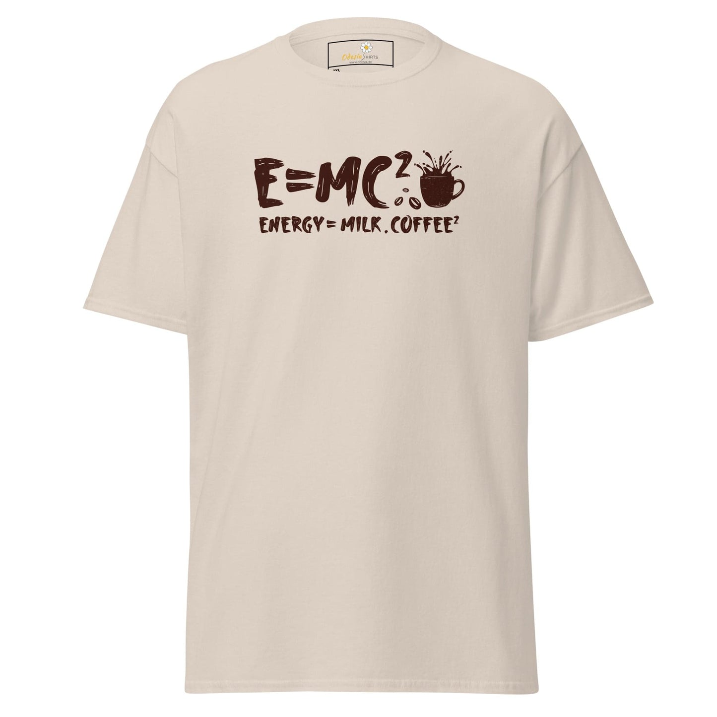 Beige t-shirt with coffee equation graphic.