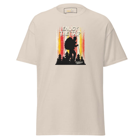 Beige t-shirt with hiker graphic.