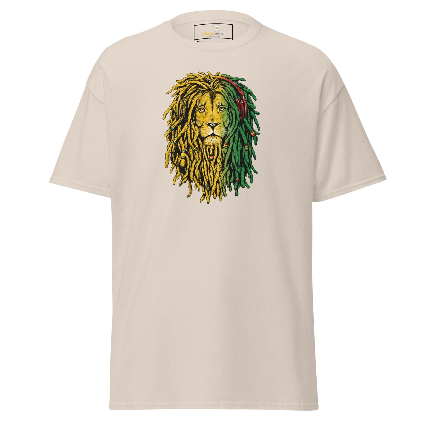 Beige t-shirt with lion graphic.