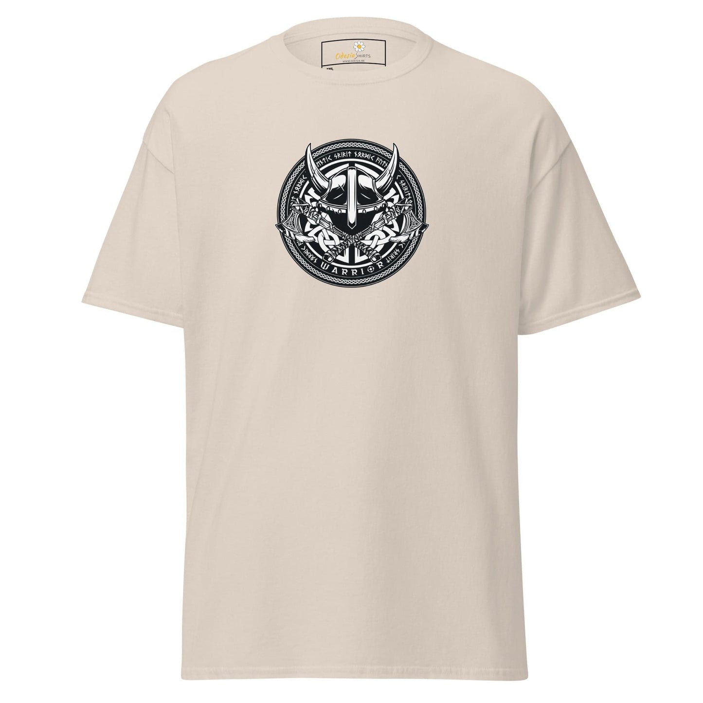 Beige t-shirt with a circular Viking helmet graphic.