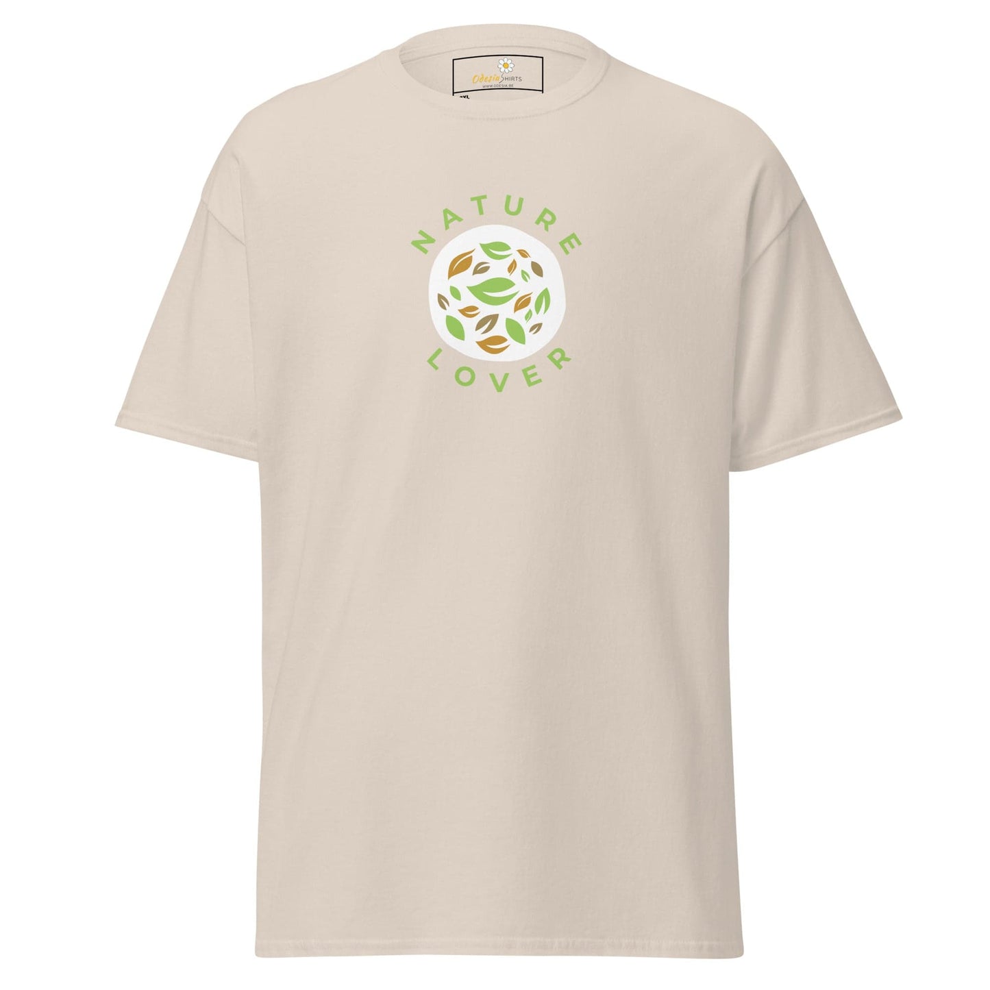 Beige t-shirt with nature-themed graphic.