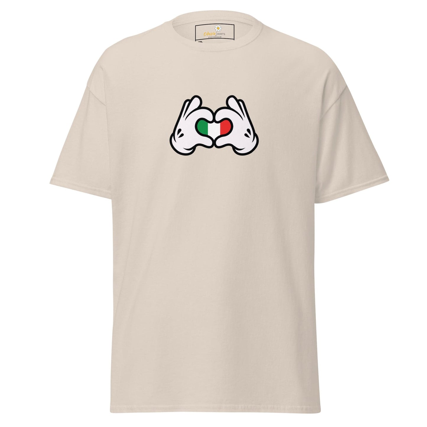 Beige t-shirt with Italian flag heart hands.