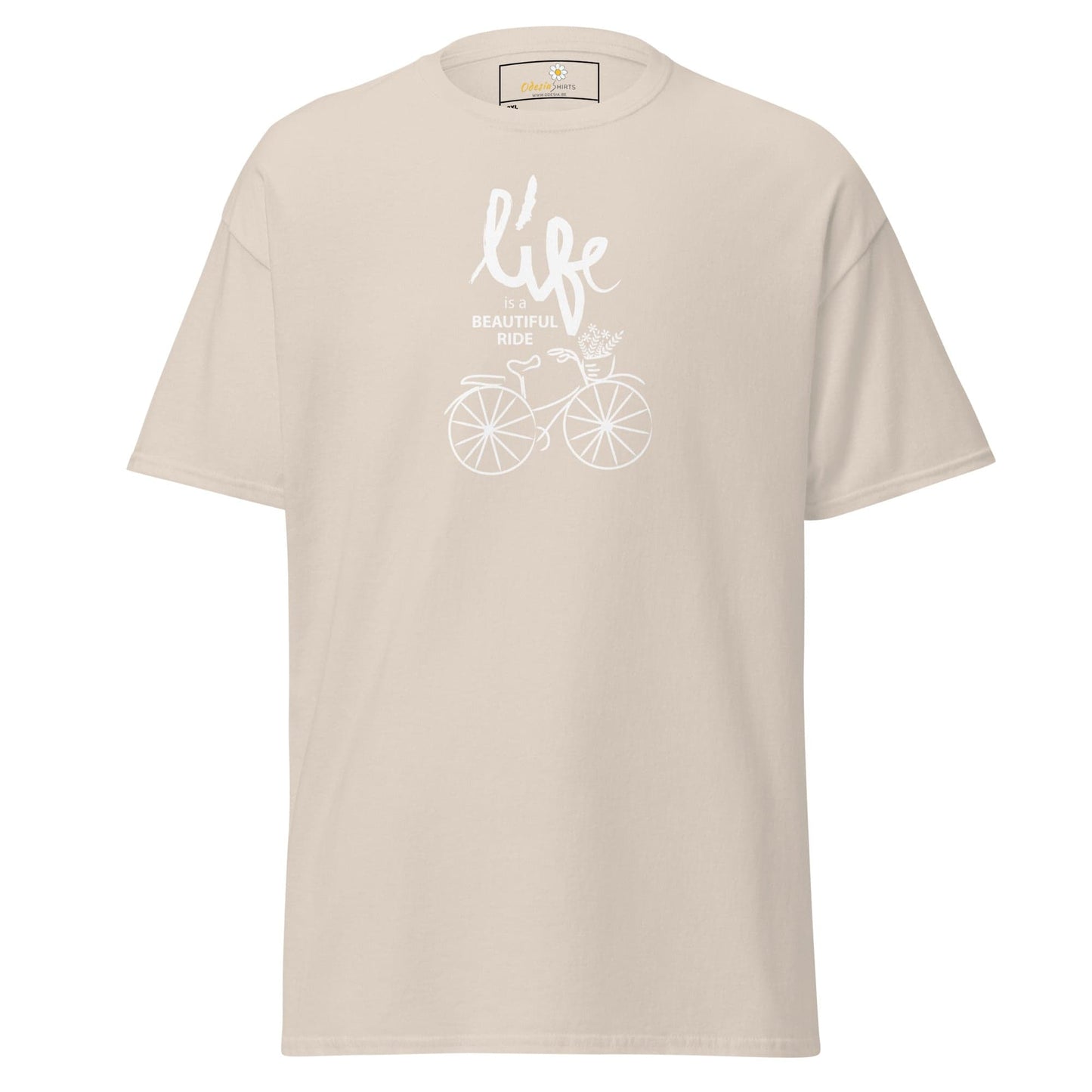 Beige T-shirt with bicycle graphic for men and women in 2XL to 5XL sizes