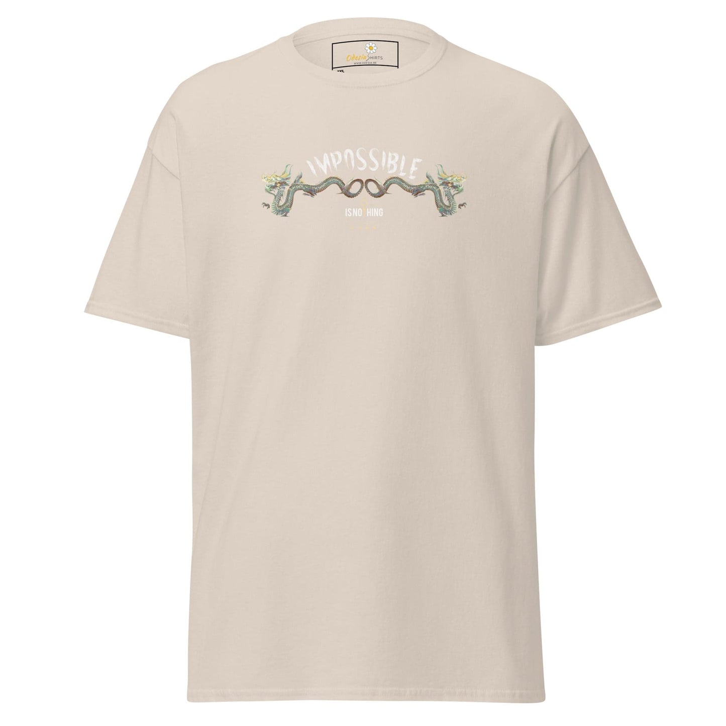 Beige t-shirt with dragon design.