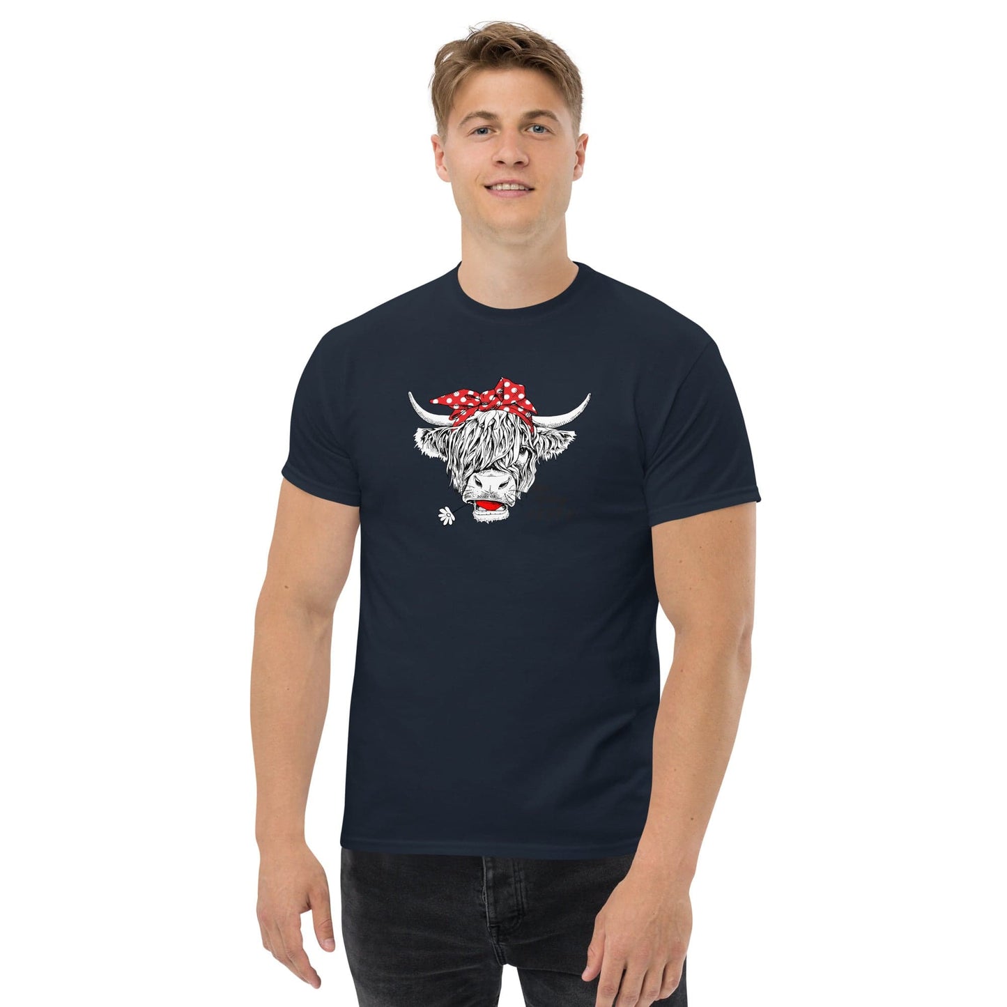 Navy t-shirt with cow graphic.