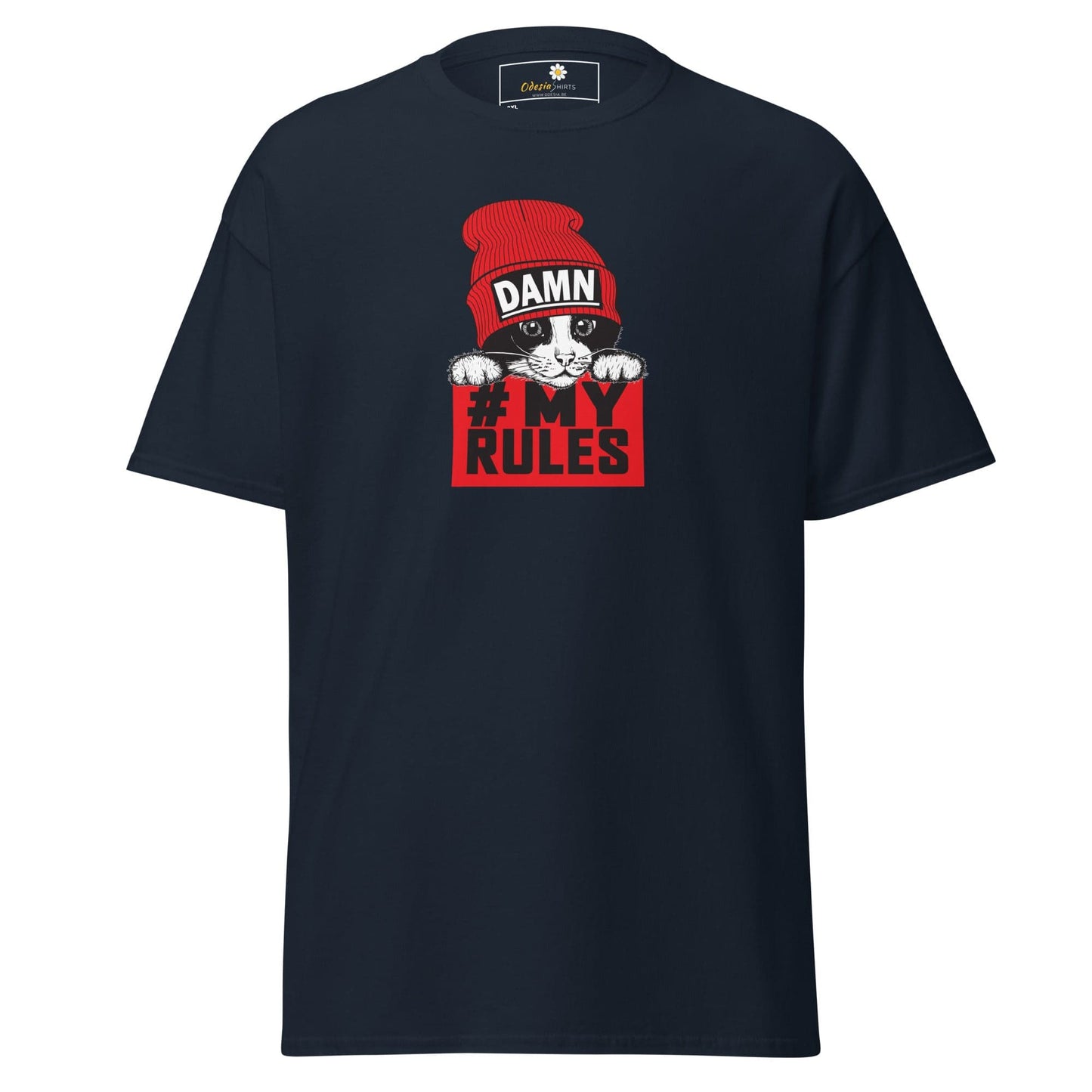 Navy t-shirt with cat graphic.