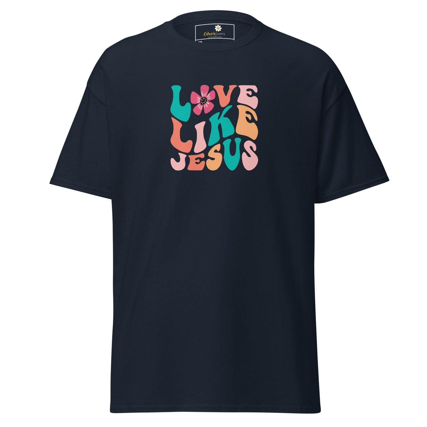 Navy blue T-shirt with Love Like Jesus graphic, men’s and women’s sizes 2XL to 5XL
