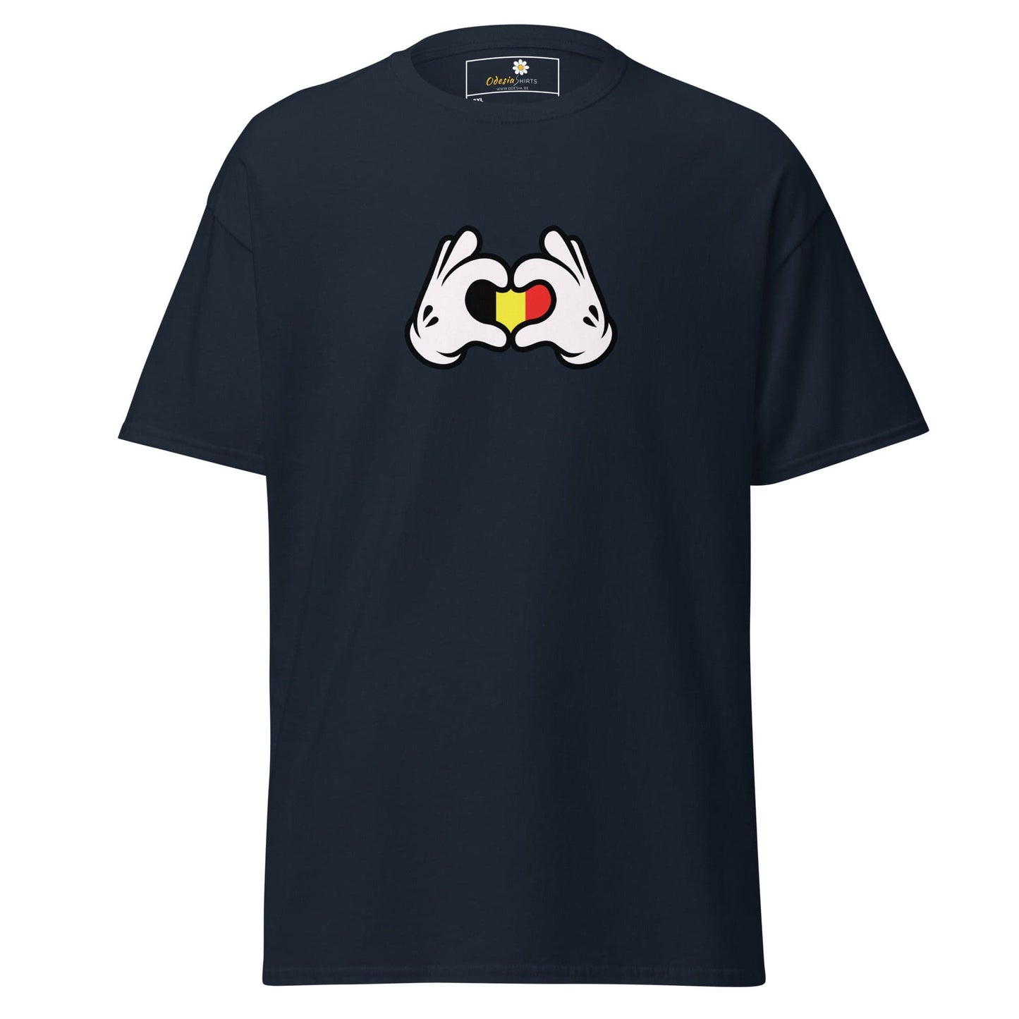 Navy blue t-shirt with heart-shaped hands.