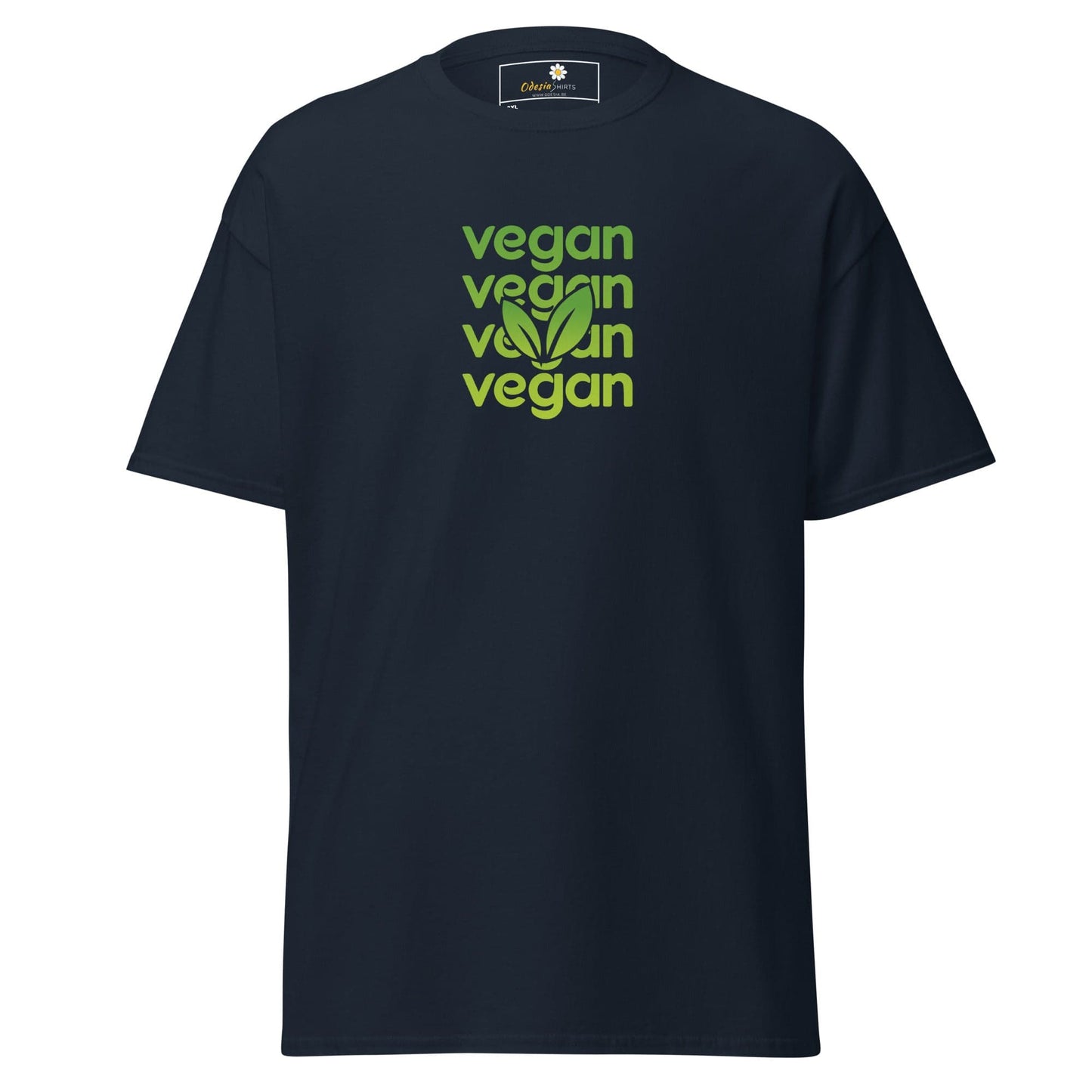 Navy blue T-shirt with vegan text, featured in T-SHIRT DESIGN TEE for Men and Women