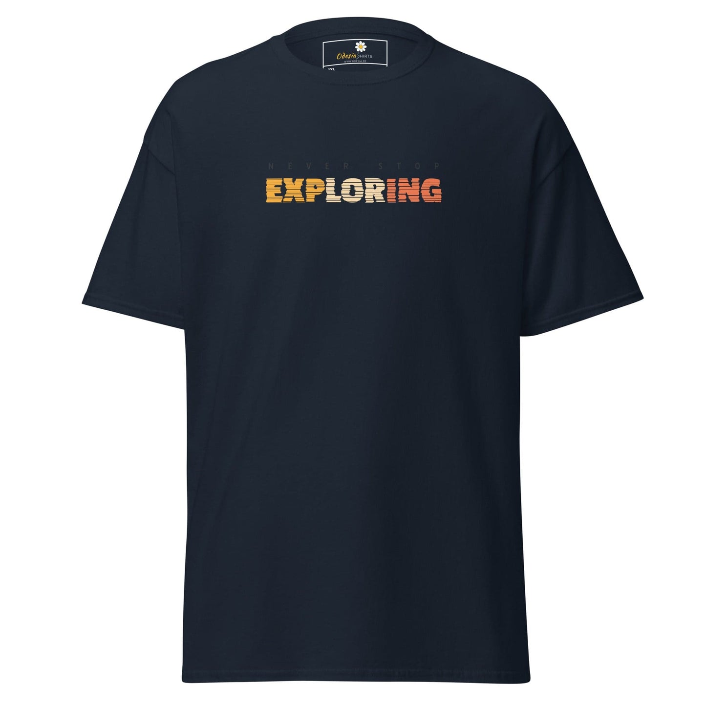 Navy blue T-shirt with Exploring text, available in Men and Women sizes 2XL to 5XL