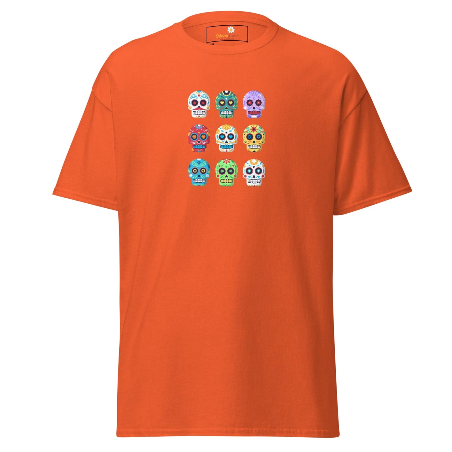 Orange T-shirt with sugar skull design from T-SHIRT DESIGN TEE for men and women larger sizes