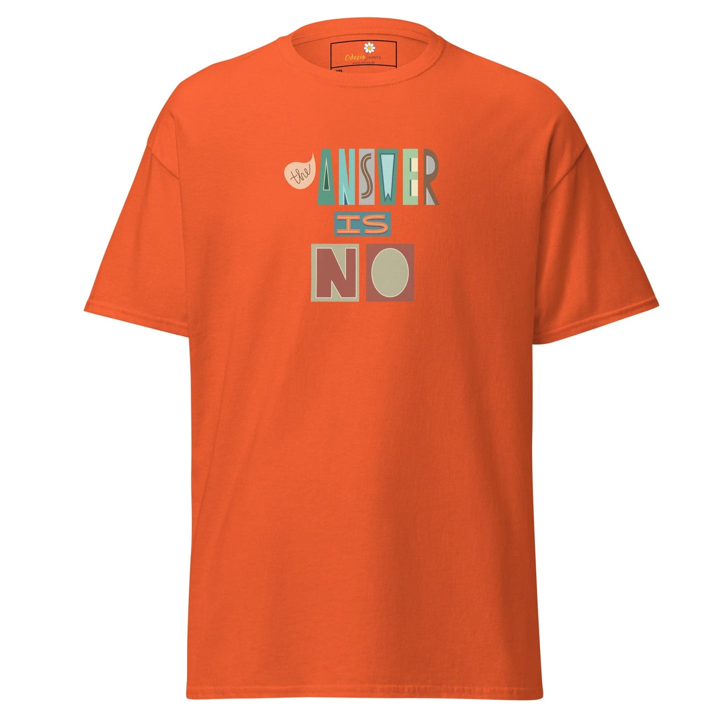 Orange t-shirt with graphic text.