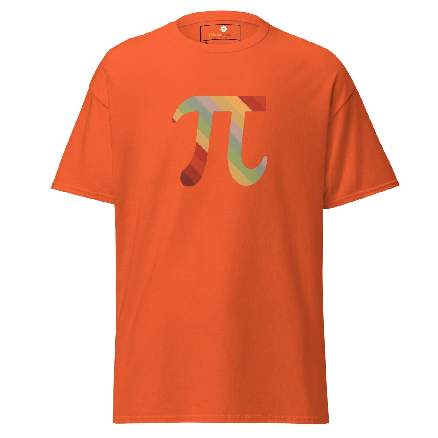 Orange T-shirt with colorful Pi symbol for Men and Women in sizes 2XL to 5XL