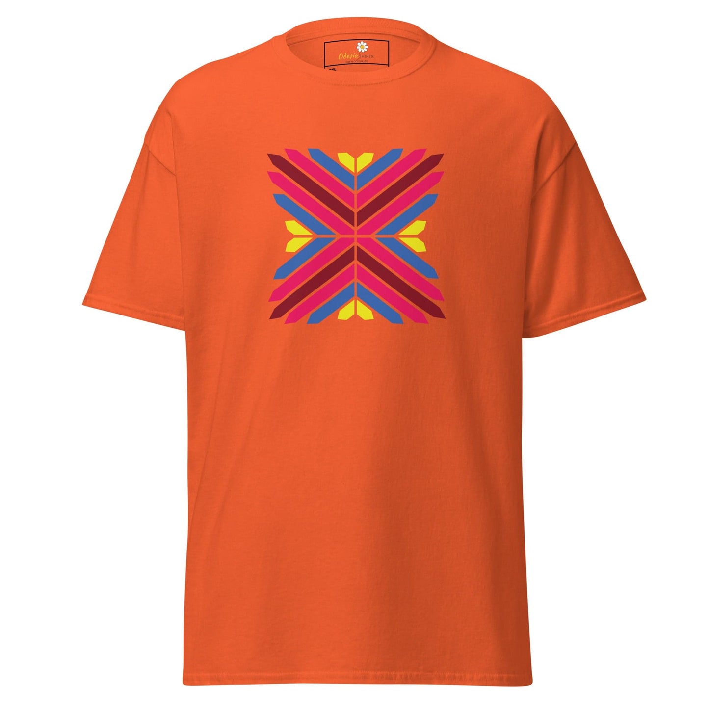Orange T-shirt with colorful geometric design for Men and Women in 2XL-5XL sizes