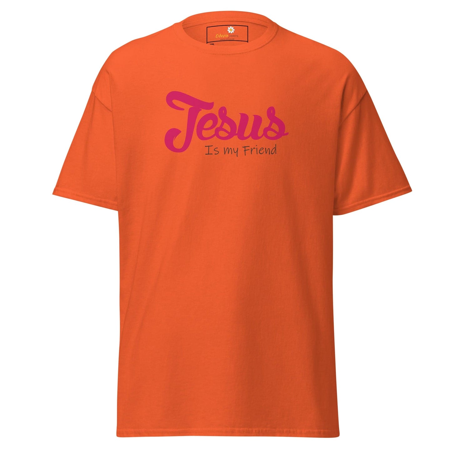 Orange t-shirt with pink text.
