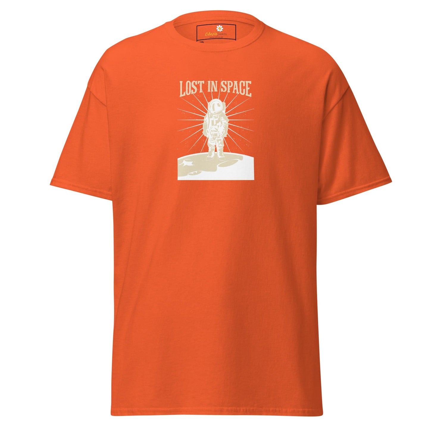 Orange T-shirt with astronaut graphic for men and women in 2XL to 5XL sizes