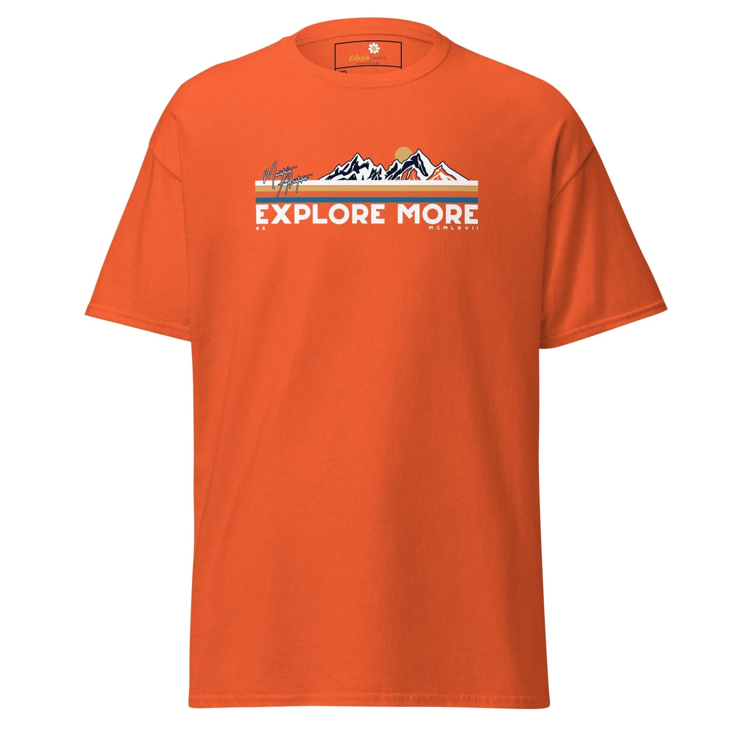 Orange t-shirt with mountain graphic.