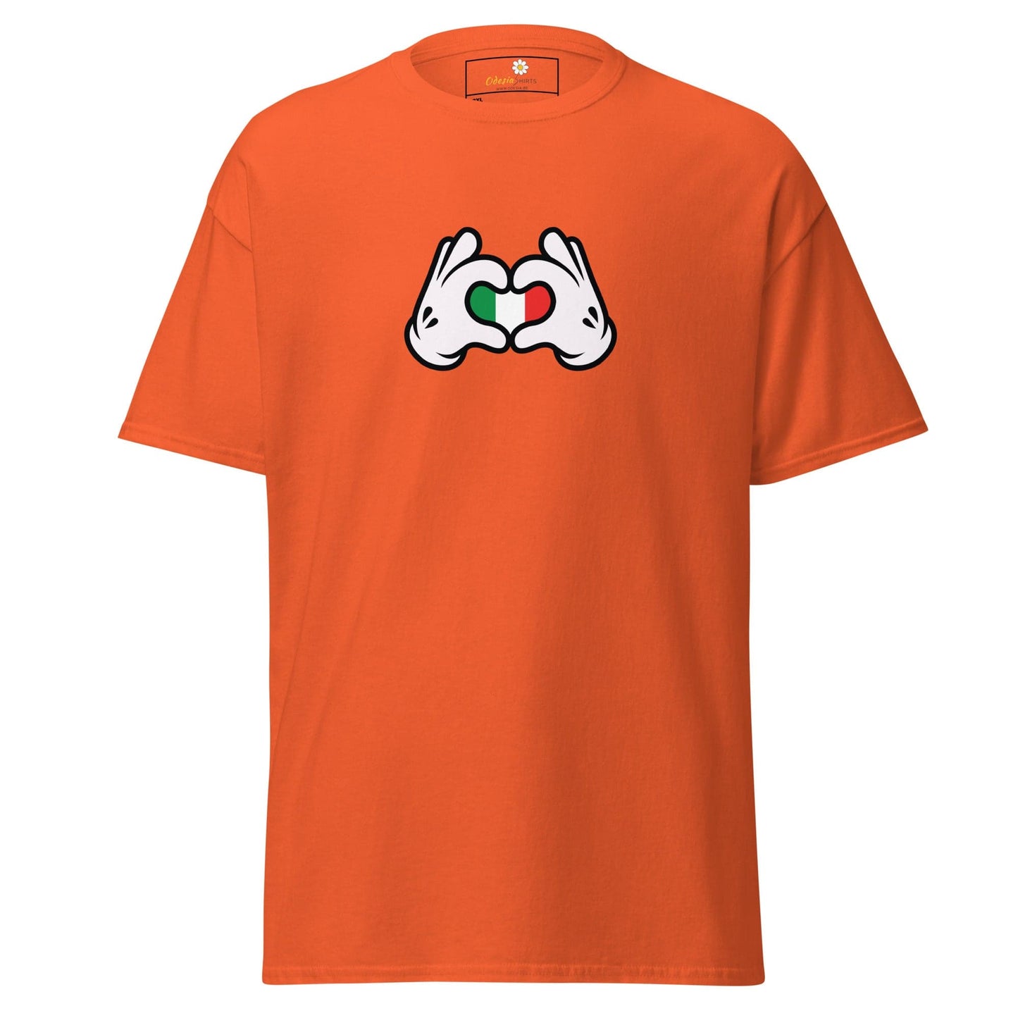 Orange t-shirt with heart-shaped hands.