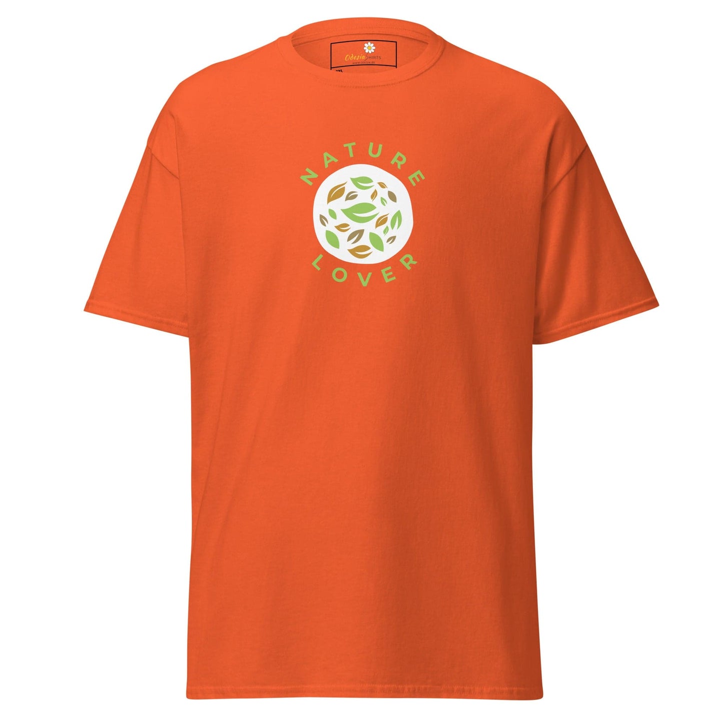 Orange t-shirt with nature-themed graphic.