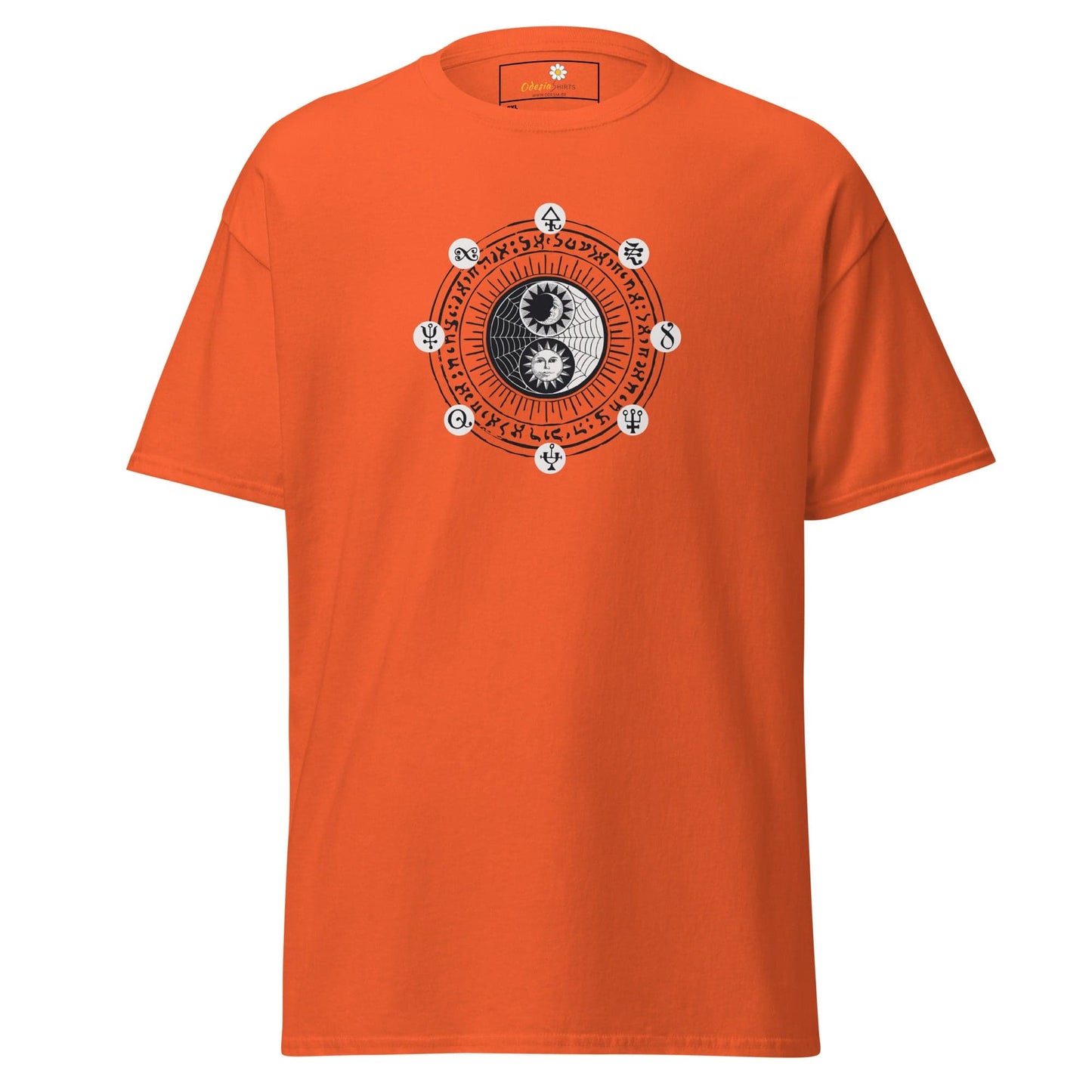 Orange t-shirt with yin-yang design.