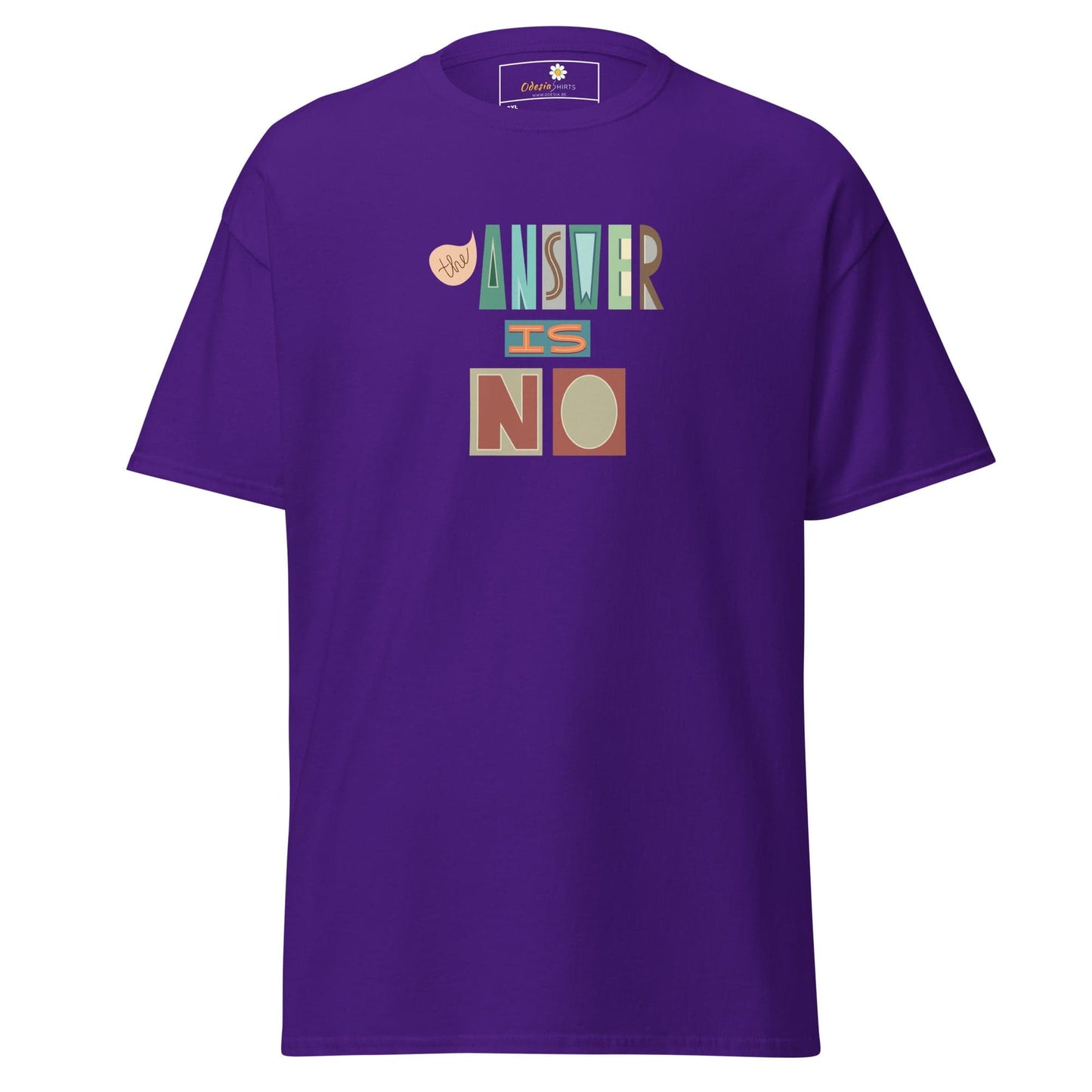 Purple t-shirt with ’Answer is No’ graphic.