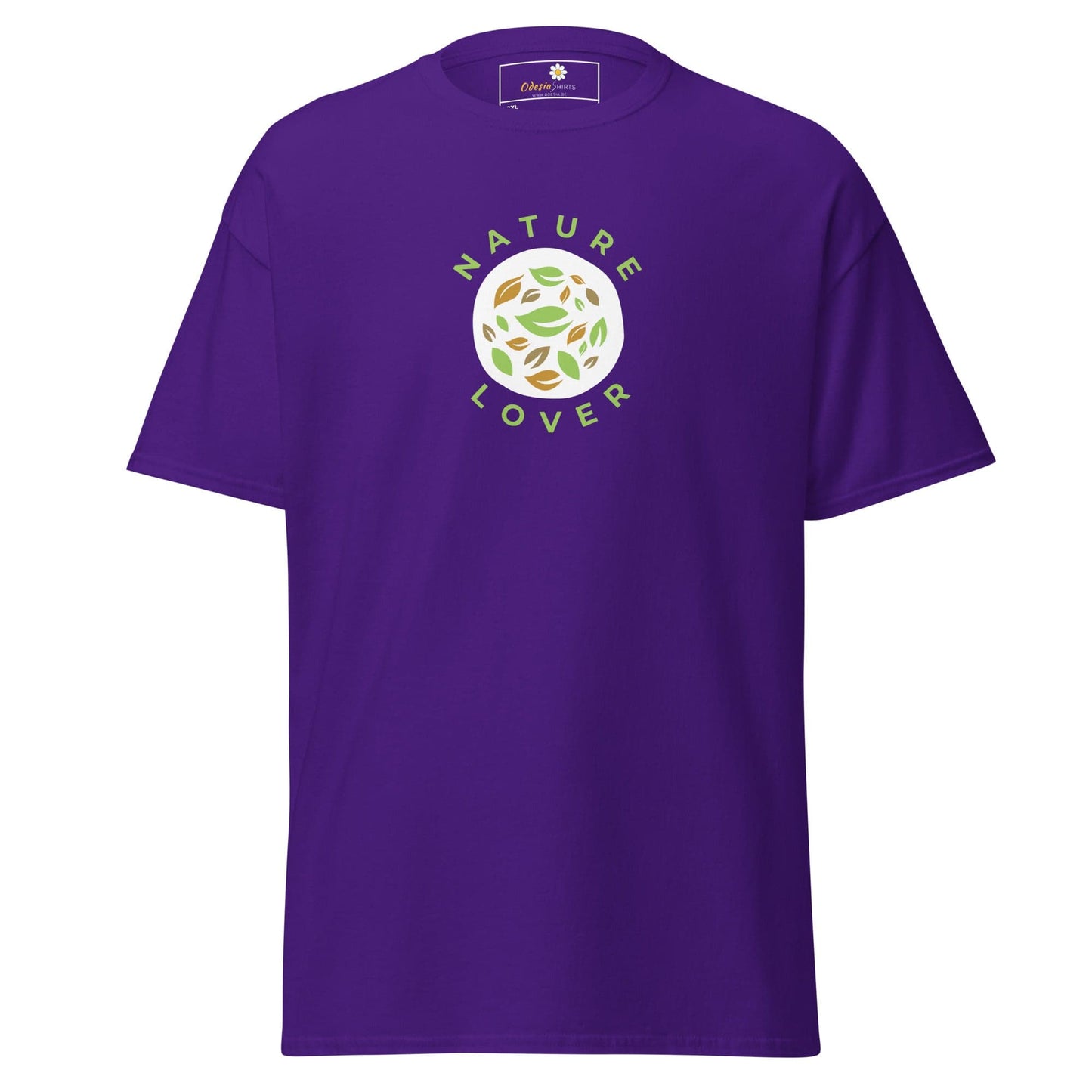 Purple t-shirt with nature-themed graphic.